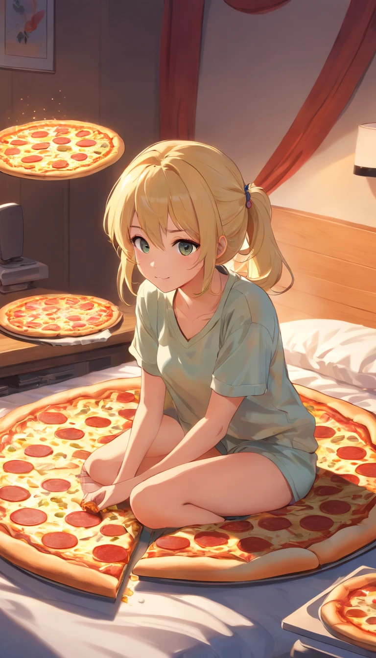 gorgeous blonde woman sitting directly on pizza at on bed , twin pony tails, ass on pizza,decorative pajama pants