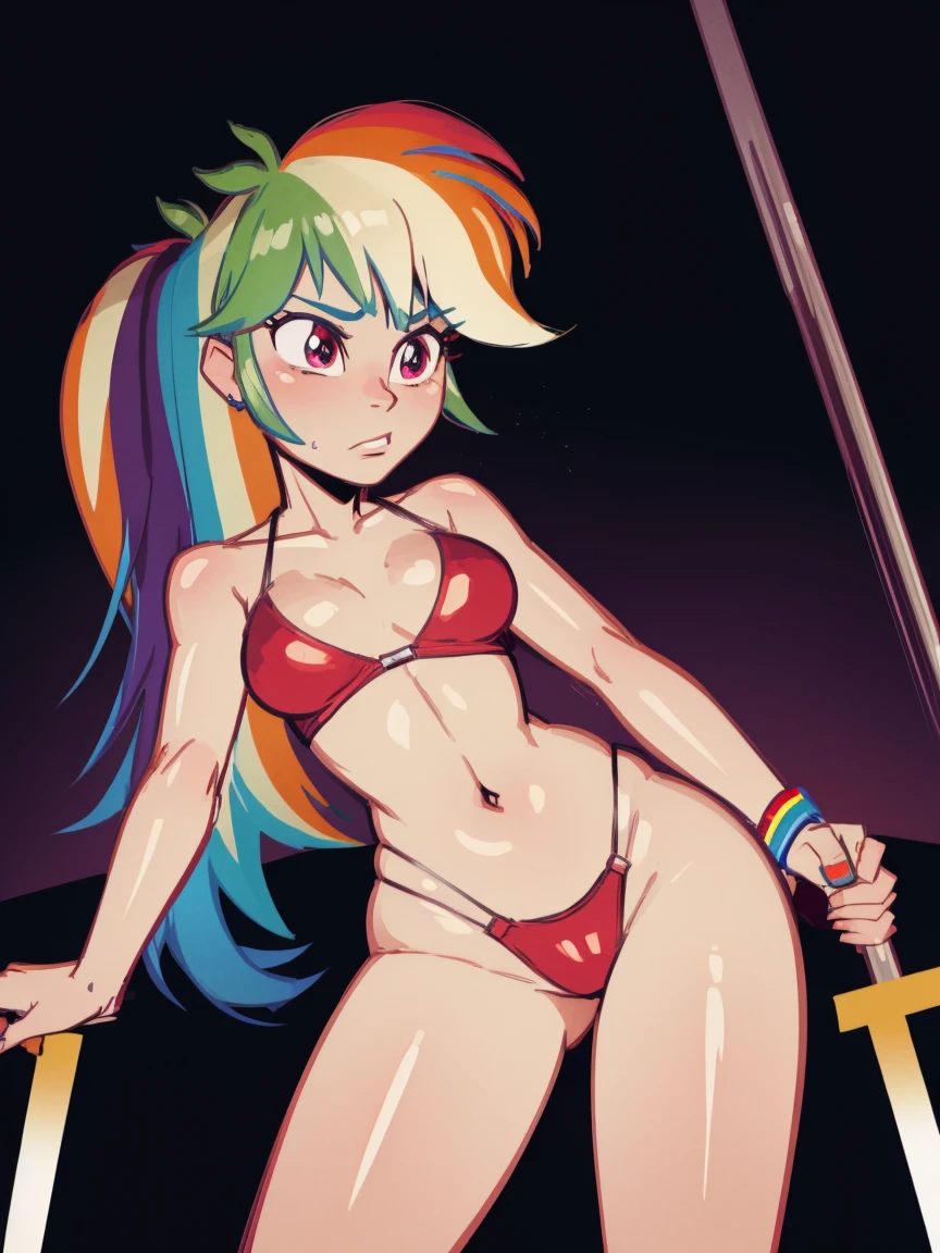 Rainbow dash as a stripper, strip club background, Rainbow hair, sexy, revealing outfit, stripper pole, detailed, mlpdash