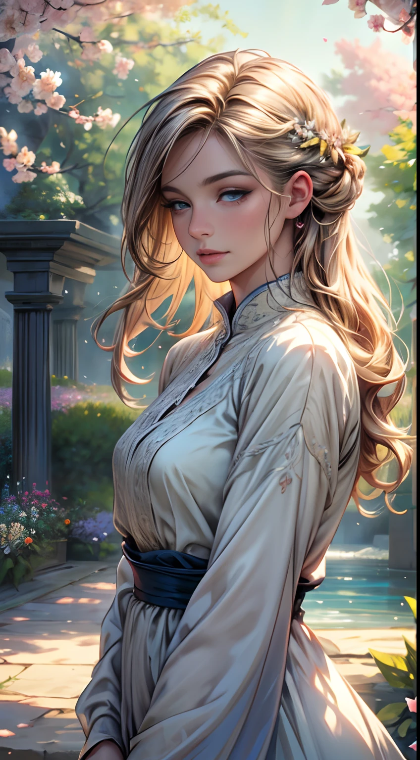 best quality,8k,highres,masterpiece:1.2,ultra-detailed,realistic,beautiful detailed eyes,beautiful detailed lips,extremely detailed eyes and face,long eyelashes,feminine features,fair complexion,relaxed expression,elegant posture,soft natural light,serene garden setting,blossoming flowers,colorful butterflies,dappled sunlight,flowing hair,floaty dress,graceful movement,harmonious colors,subtle color palette,artistic composition,impressionist style,romantic atmosphere,blurred background