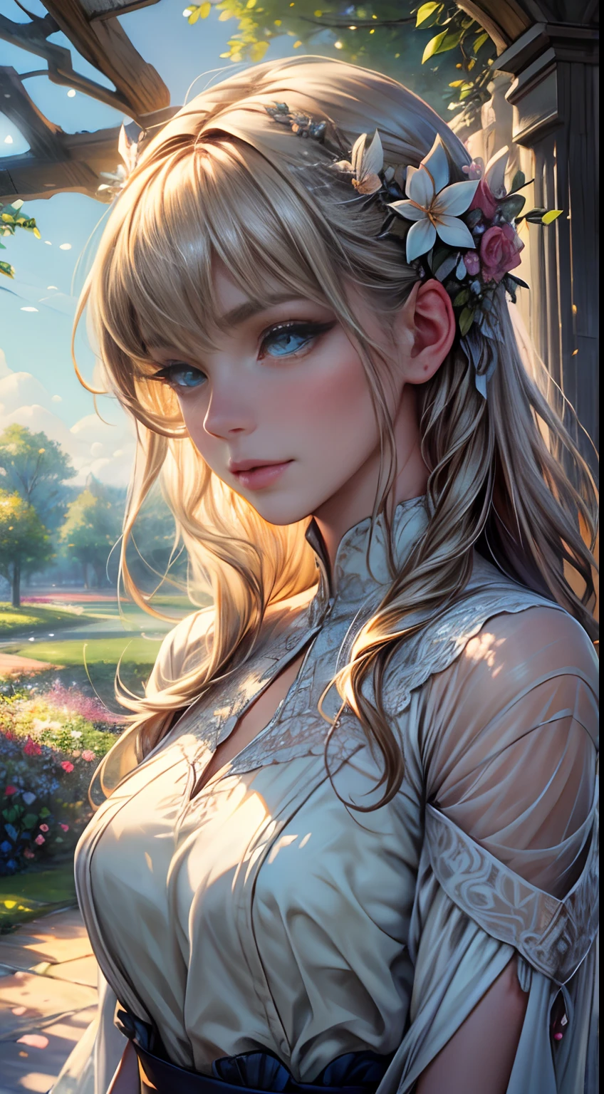 best quality,8k,highres,masterpiece:1.2,ultra-detailed,realistic,beautiful detailed eyes,beautiful detailed lips,extremely detailed eyes and face,long eyelashes,feminine features,fair complexion,relaxed expression,elegant posture,soft natural light,serene garden setting,blossoming flowers,colorful butterflies,dappled sunlight,flowing hair,floaty dress,graceful movement,harmonious colors,subtle color palette,artistic composition,impressionist style,romantic atmosphere,blurred background