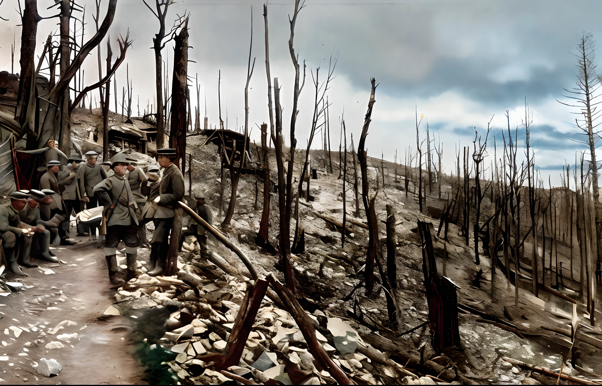 soldiers are standing on a path in a burned forest, colorized 1 9 0 4 photo, colourized, colorized photograph, award winning colorized photo, colourised, colorized photo, colorized, a colorized photo, ww1 photo, coloured photo, ww1, taken on a ww 1 camera, world war one, ww 1, prize winning color photo, wwi