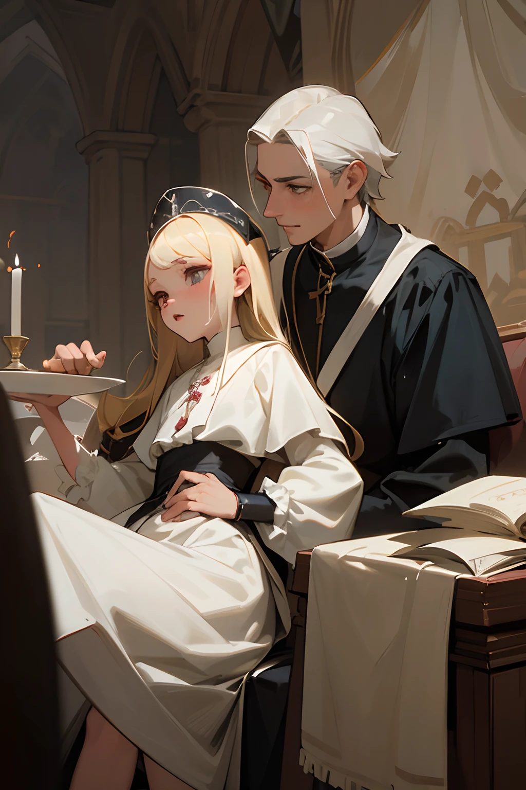 Very sexy man, (1man 1girl) A man in the costume of an 18th century priest, with silver hair, long hair, Attractive man, having sex, cleric Penetrated pussy, sexy girl, young woman, Depraved girl, beautiful  girl, blonde hair, Taboo, immoral