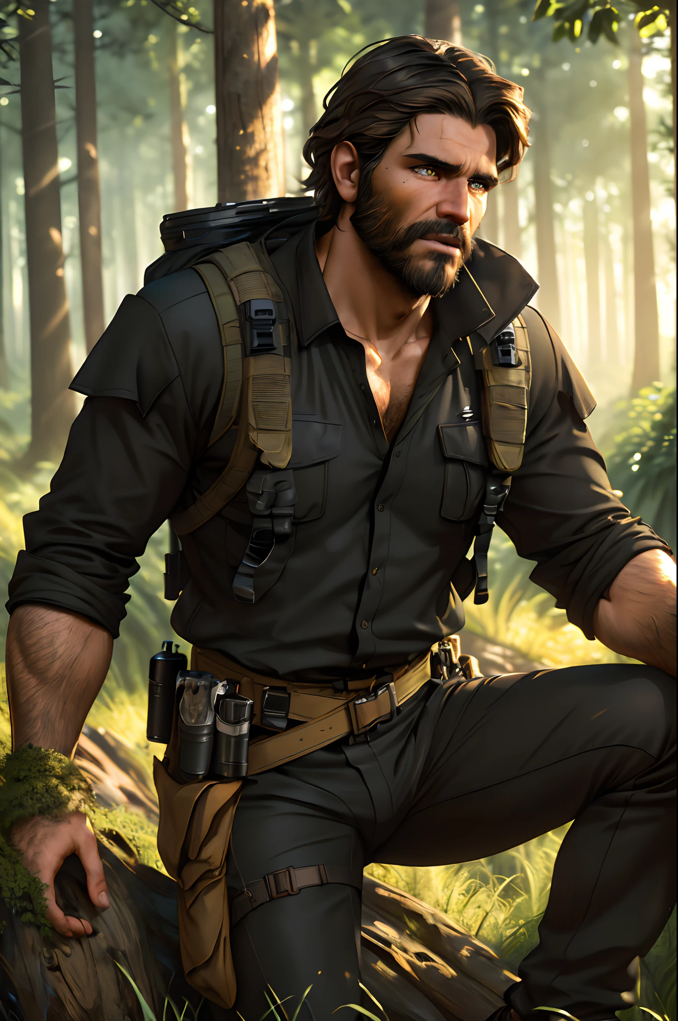 realistic photo scene 8k UHD ((ultra detailed masterpiece)), young handsome man, short dark-brown hair, beard, tall, (wearing black outdoor gear), yellow-iris, intense gaze, tan skin, scared face, fierce, hairy arms, Amazing fantasy art, forest setting