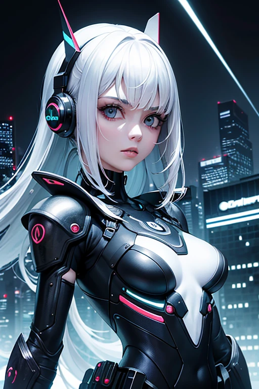 highest qualityr、obra maestra、超A high resolution、(Fotorrealista:1.4)、Foto RAW、1人の女の子、cabello azul claro、cabello lacio, cabello brillante y limpio、Casco、Piel blanca brillante、Chica Cyberpunk Sexy、((Super realistic details))、Portlate、sombra、Octane representation、ultrasharp、Hugetits、Hugetits、Hugetits、Cara hiperdetallada、Raw skin is exposed at the décolleté、Detalles de adornos complejos、Fibra、Tubo luminoso、Detalles muy intrincados、Luz realista、Tendencias de CGSoation、ojos dorados、ojos radiantes、in front of camera、neon details、mechanical limbs、Mechanical vertebrae attached to the back、mechanical cervical attachment to the neck、sentado en、alambres y cables que se conectan a la cabeza、Cyberpunk Hotel、XENOSAGA、Armadura blanca y dorada、ANDROIDE、Hold the Gatling Gun