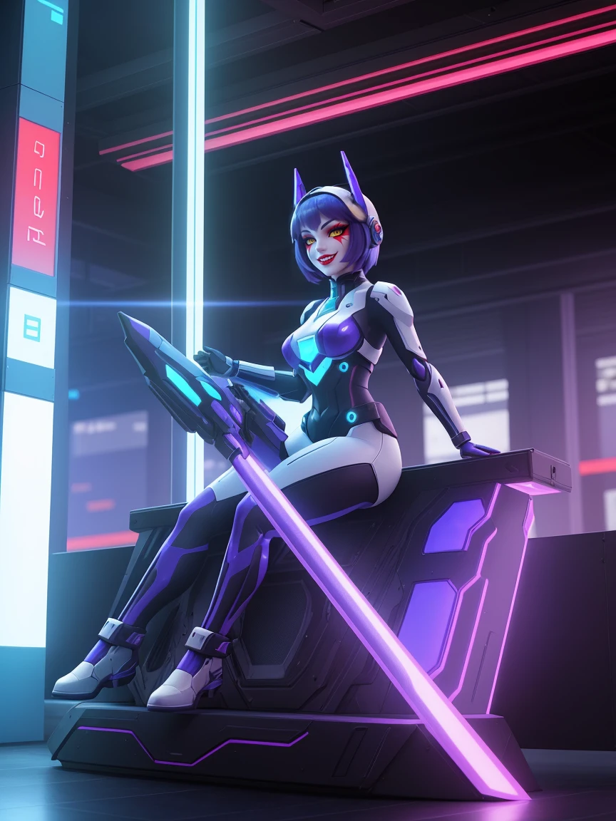 UHD 16K resolution to ensure maximum sharpness and visual quality. Style inspired by the fusion of Super Metroid, Mecha, and cyberpunk elements, utilizing Unreal Engine 5 for an immersive visual experience. | In a bustling futuristic scene, a stunning demon woman with horns stands out, wearing a cybernetic armor blended with mecha musume attire. The predominantly white suit features areas in blue and yellow, adorned with luminous triangular emblems. Fitted to the body, it highlights her gigantic and firm breasts. Her direct gaze at the viewer reveals confidence and strength. | Short blue hair with clips and bangs over the right eye complements the cybernetic helmet, adding a futuristic touch. The scene unfolds at a busy bus stop, filled with holographic advertising posters and metallic structures. People of different ethnicities wait, contributing to the diversity of the environment. A crowded bus is parked nearby. | Maximum sharpness, the best possible quality, and ultra details capture every aspect of the armor, facial expression, and cybernetic features. Unreal Engine 5 intensifies metallic reflections, providing a high-fidelity visual experience. Inspiration from Super Metroid and mecha elements creates a unique atmosphere of science fiction and cyberpunk. | She: ((interacting and leaning on anything, very large structure+object, leaning against, sensual pose):1.5), ((Full body image)), better_hands, More Detail,