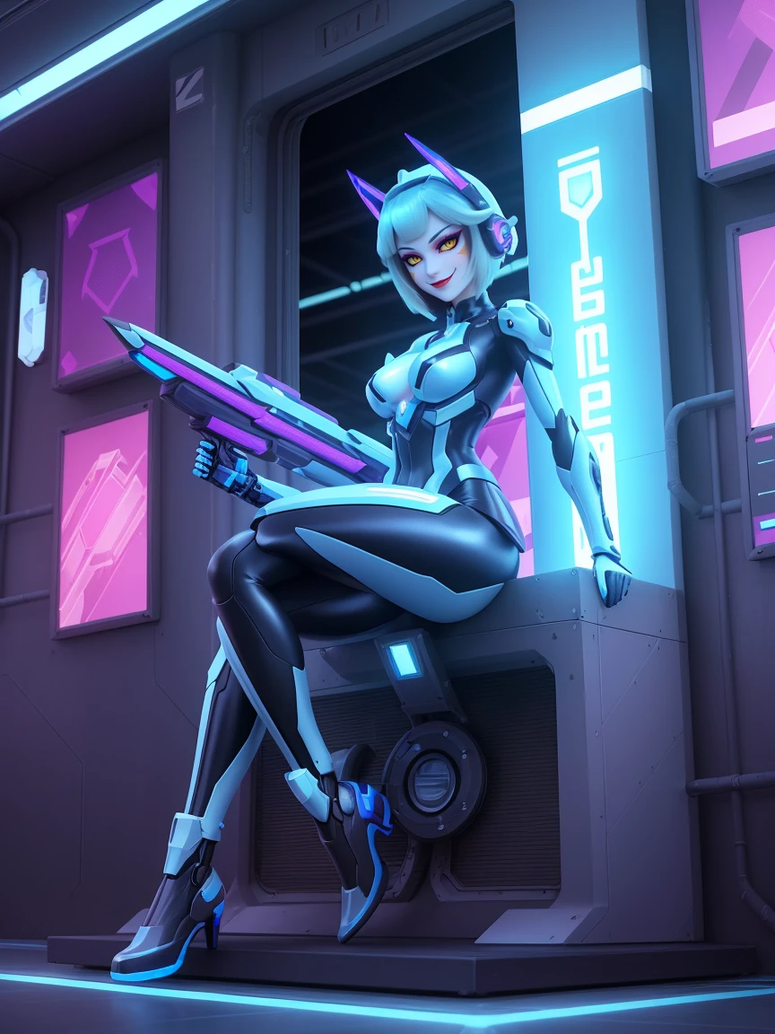 UHD 16K resolution to ensure maximum sharpness and visual quality. Style inspired by the fusion of Super Metroid, Mecha, and cyberpunk elements, utilizing Unreal Engine 5 for an immersive visual experience. | In a bustling futuristic scene, a stunning demon woman with horns stands out, wearing a cybernetic armor blended with mecha musume attire. The predominantly white suit features areas in blue and yellow, adorned with luminous triangular emblems. Fitted to the body, it highlights her gigantic and firm breasts. Her direct gaze at the viewer reveals confidence and strength. | Short blue hair with clips and bangs over the right eye complements the cybernetic helmet, adding a futuristic touch. The scene unfolds at a busy bus stop, filled with holographic advertising posters and metallic structures. People of different ethnicities wait, contributing to the diversity of the environment. A crowded bus is parked nearby. | Maximum sharpness, the best possible quality, and ultra details capture every aspect of the armor, facial expression, and cybernetic features. Unreal Engine 5 intensifies metallic reflections, providing a high-fidelity visual experience. Inspiration from Super Metroid and mecha elements creates a unique atmosphere of science fiction and cyberpunk. | She: ((interacting and leaning on anything, very large structure+object, leaning against, sensual pose):1.5), ((Full body image)), better_hands, More Detail,