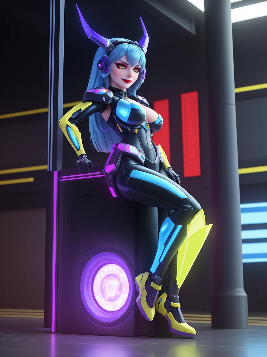 UHD 16K resolution to ensure maximum sharpness and visual quality. Style inspired by the fusion of Super Metroid, Mecha, and cyberpunk elements, utilizing Unreal Engine 5 for an immersive visual experience. | In a bustling futuristic scene, a stunning demon woman with horns stands out, wearing a cybernetic armor blended with mecha musume attire. The predominantly white suit features areas in blue and yellow, adorned with luminous triangular emblems. Fitted to the body, it highlights her gigantic and firm breasts. Her direct gaze at the viewer reveals confidence and strength. | Short blue hair with clips and bangs over the right eye complements the cybernetic helmet, adding a futuristic touch. The scene unfolds at a busy bus stop, filled with holographic advertising posters and metallic structures. People of different ethnicities wait, contributing to the diversity of the environment. A crowded bus is parked nearby. | Maximum sharpness, the best possible quality, and ultra details capture every aspect of the armor, facial expression, and cybernetic features. Unreal Engine 5 intensifies metallic reflections, providing a high-fidelity visual experience. Inspiration from Super Metroid and mecha elements creates a unique atmosphere of science fiction and cyberpunk. | She: ((interacting and leaning on anything, very large structure+object, leaning against, sensual pose):1.5), ((Full body image)), better_hands, More Detail,