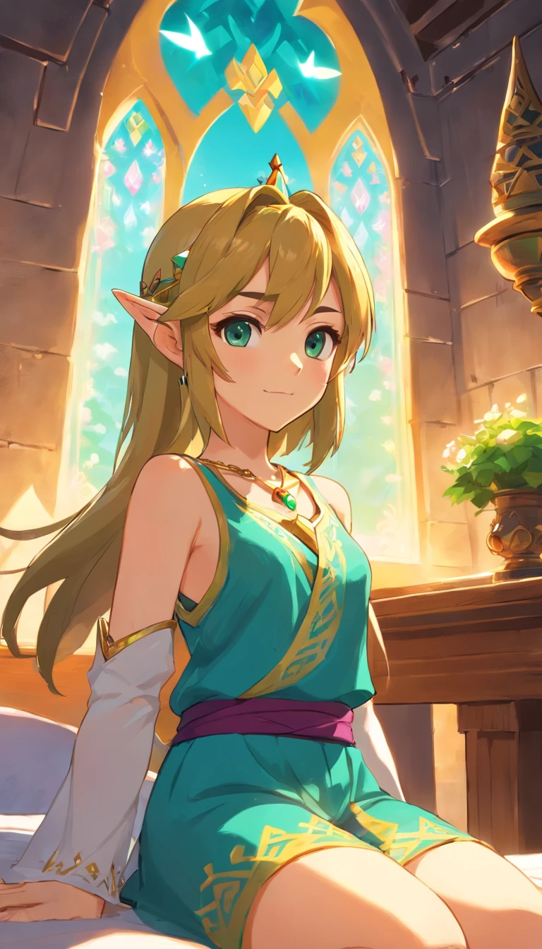 zelda-albw, 1girl, solo, castle background, upper body, happy, tiara, necklace, magic, zeldaALBW, sitting in bed, pajama pants, tank top, looking at viewer, backshot,