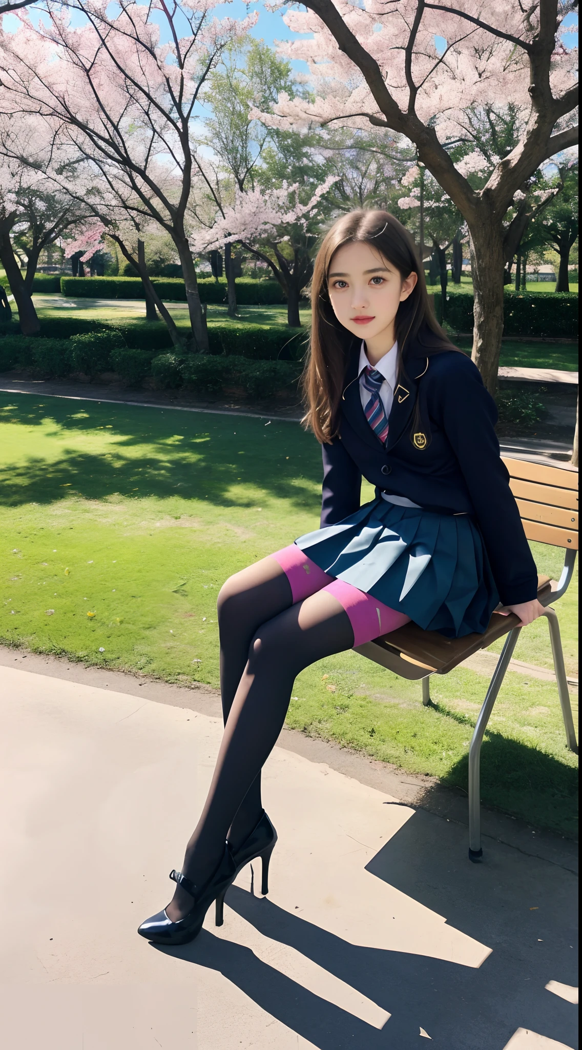 16 year old pre-teen, European, blonde, small breasts, big eyes, long legs, close-up of thighs, school uniform, skirt tiny pleated, black tights, high heel shoes, Extremely high angle shot, from above the girl, (Reelmech: 1.5), vagina showing, park background, Trees, cherry blossom, mirrored floor with reflections, sitting on school chair , ray tracing, HDR