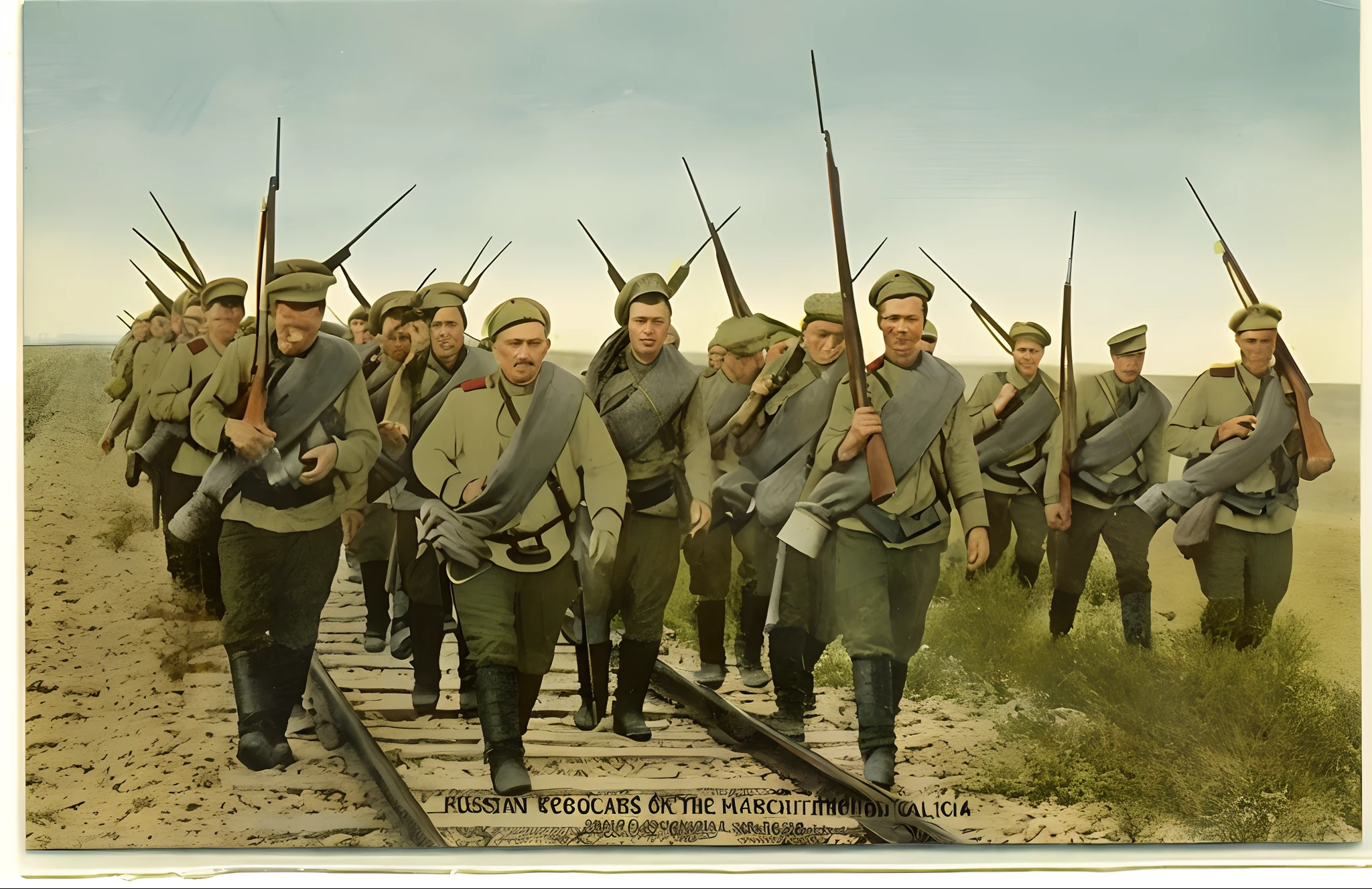 soldiers marching on a railroad track with their rifles, russian ww 1, carrying mosin on back, wearing russian ww 1 clothes, colorized photo, russian army infantry soldiers, soldiers charging in, colorized photograph, colorized 1 9 0 4 photo, a colorized photo, russian revolution 1 9 1 0, ww1 photo, colourized, award winning colorized photo, several soldiers