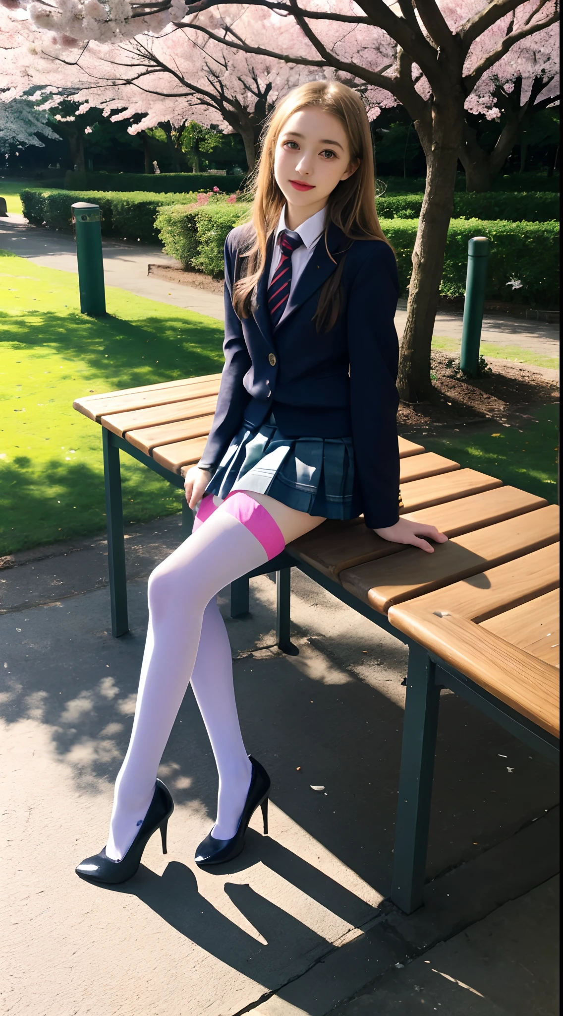 16 year old pre-teen, European, blonde, small breasts, big eyes, long legs, close-up of thighs, school uniform, skirt tiny pleated, black tights, high heel shoes, Extremely high angle shot, from above the girl, (Reelmech: 1.5), vagina showing, park background, Trees, cherry blossom, mirrored floor with reflections, sitting on school chair , ray tracing, HDR