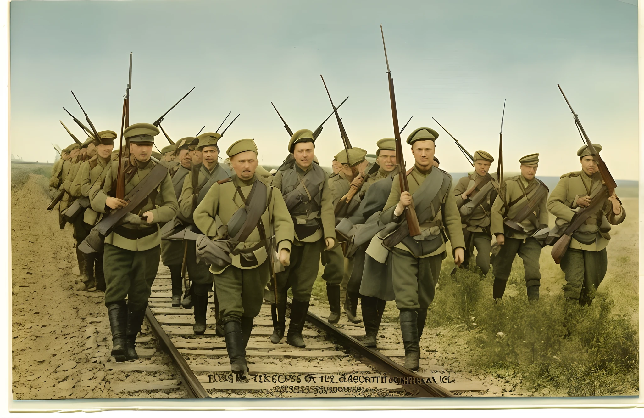 tsarist soldiers marching on a railroad track with their rifles, russian ww 1, carrying mosin on back, wearing russian ww 1 clothes, colorized photo, russian army infantry soldiers, soldiers charging in, colorized photograph, colorized 1 9 0 4 photo, a colorized photo, russian revolution 1 9 1 0, ww1 photo, colourized, award winning colorized photo, several soldiers