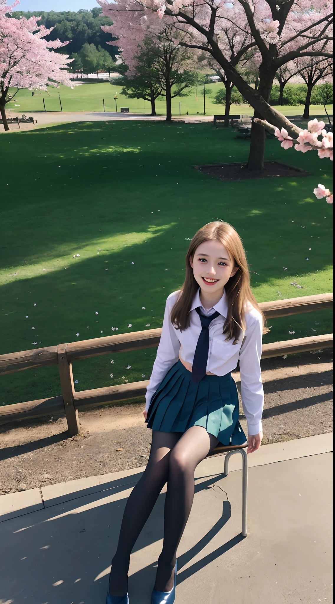 16 year old pre-teen, European, blonde, small breasts, big eyes, long legs, close-up of thighs, school uniform, skirt tiny pleated, black tights, high heel shoes, Extremely high angle shot, from above the girl, (Reelmech: 1.5), vagina showing, park background, Trees, cherry blossom, mirrored floor with reflections, sitting on school chair , ray tracing, HDR