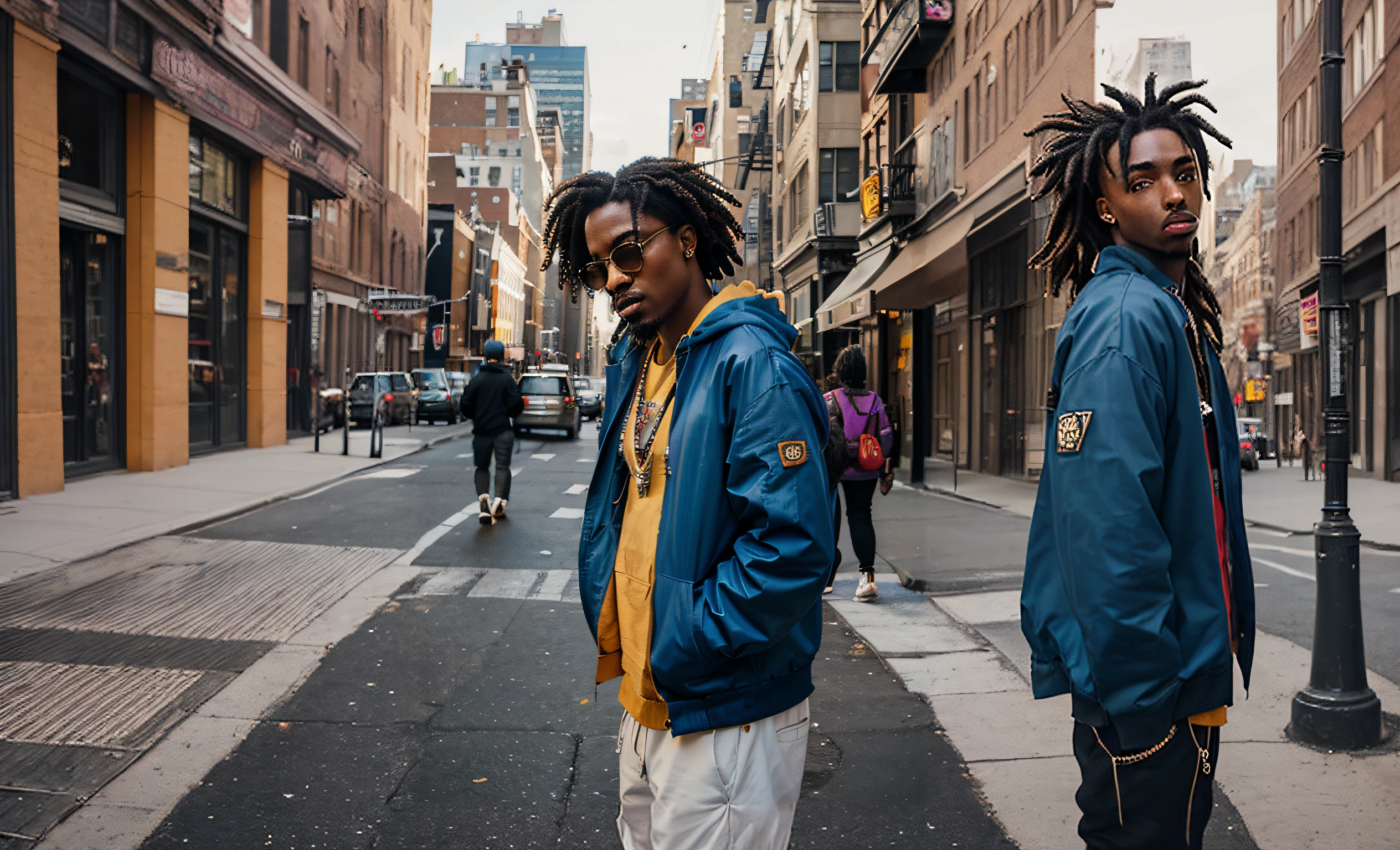 araffe man with dreadlocks standing on the street in a city, playboi carti, playboi carti portrait, profile shot, taken in the early 2020s, album art, 2 1 savage, photo in style of tyler mitchell, mid shot portrait, street clothing, streetwear, childish look, ny, sicko, streetwear fashion, mid portrait