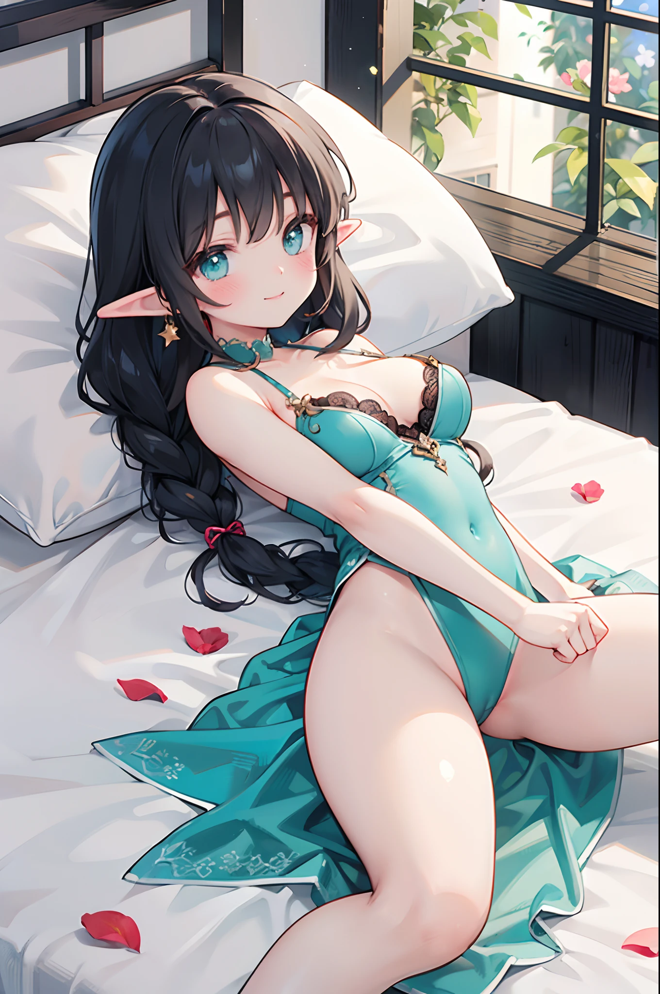 Realistic and detailed image of an elf. In lingerie and a transparent dress. Black hair with colored streaks, long silky hair, combed with braids. Bright turquoise eyes. She has earrings and long eyelashes. large breasts, small waist, very wide hips and thick thighs. smiling. Back arched. lying on a bed. legs spread. flower petals. starry night. Volumetric light. Ambient light.