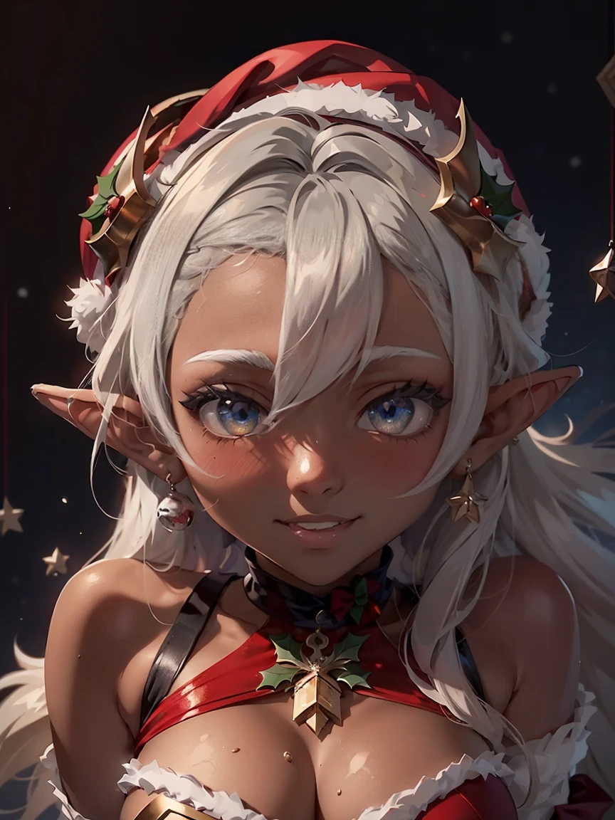 (master piece: 1.1), 1girl, teen, mature, emphasis on face, detailed face, detailed bright eyes, (dark skin), tan, dark skin, shy face, (blushing face), anime character, smiling, (Elf), Lyra Stardust, (christmas costume), susperders, christmas clothes, wearing red hat on his head, short and dynamic hair, (eyes have a bright silver), (simple background),