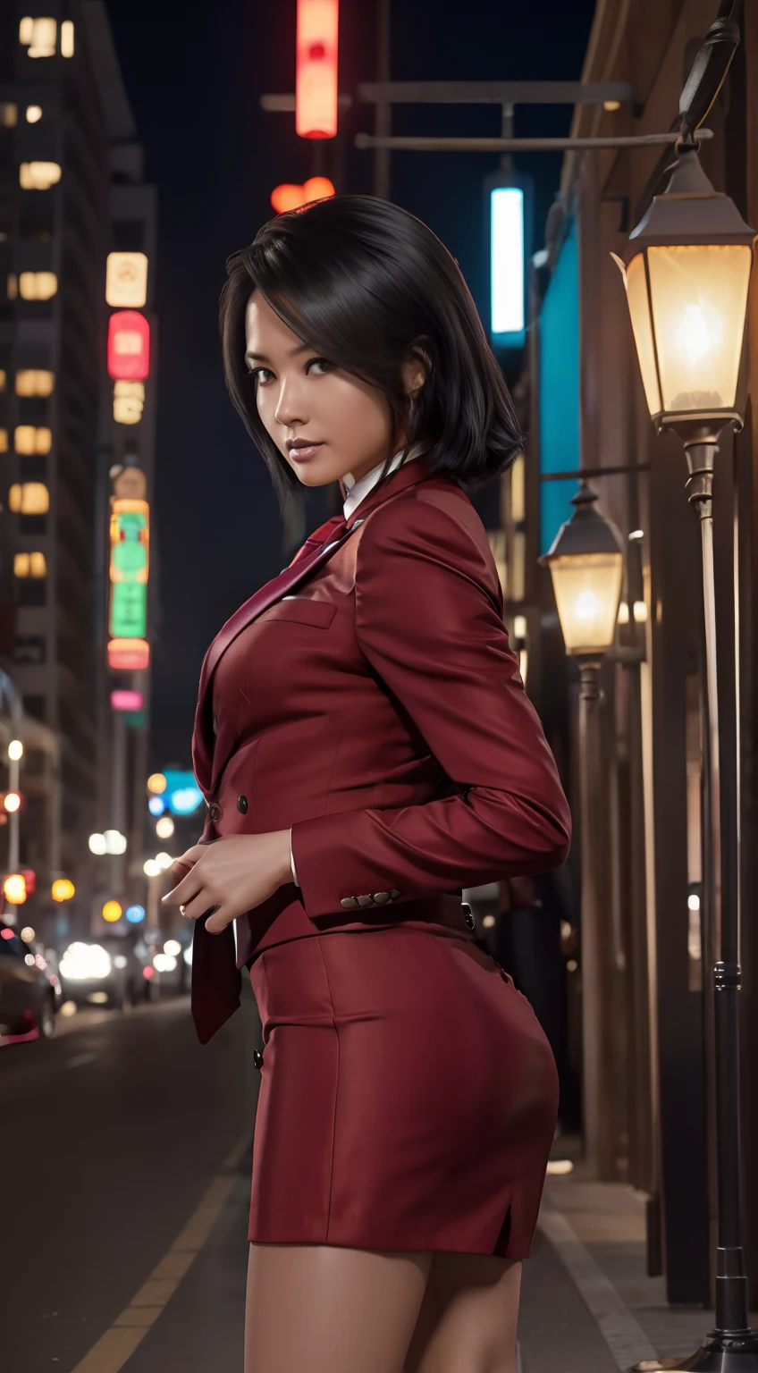 (A beautiful 25 years old Asian Hitwoman), (wolfcut black hair), (pale skin), (serious face), skirt suit, (((three-piece suit))), (((dress shirt))), (((necktie))), blazer, (((red suit jacket))), black shiny lapel (((waistcoat))), double-breasted waistcoat, (((bodycon miniskirt))), pencil skirt, tights, pantyhose, pocket square, tie clip, cufflinks, (city at night background), view from front, waist up shot, dynamic pose, ambient lighting, photo realism, intricate face detail, intricate hand details, highly detailed, vibrant colors, cinematic, high definition, trending on Artstation--style raw, on hands and knees, , aroused,