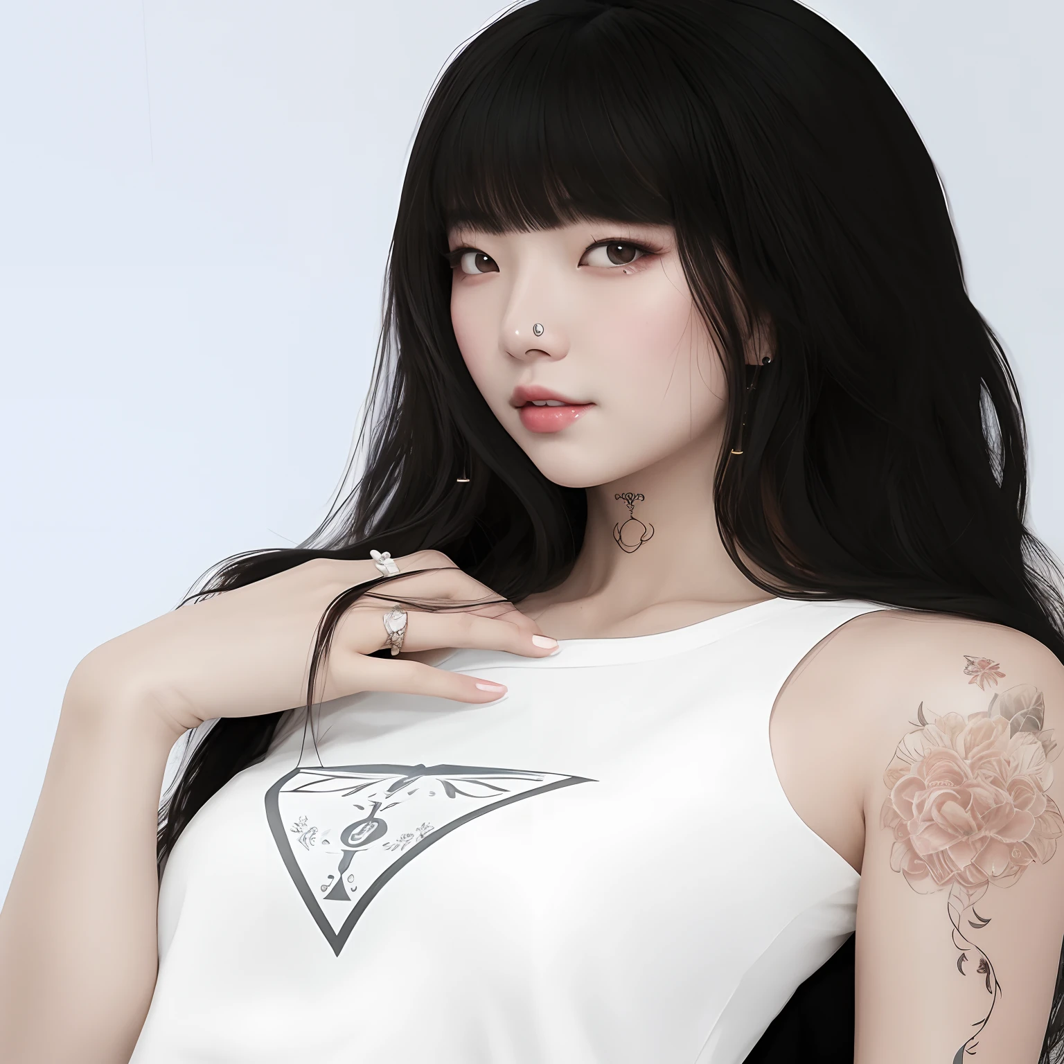 there is a woman with a tattoo on her arm and a white shirt, [ Arte digital 4K ]!!, Arte no estilo de Guweiz, realismo artstyle, fotorrealista!!!!!!! estilo de arte, estilo de arte realista, inspirado em Sim Sa-jeong, Guweiz, inspirado em Gang Se-hwang, inspirado em Kim Deuk-sin