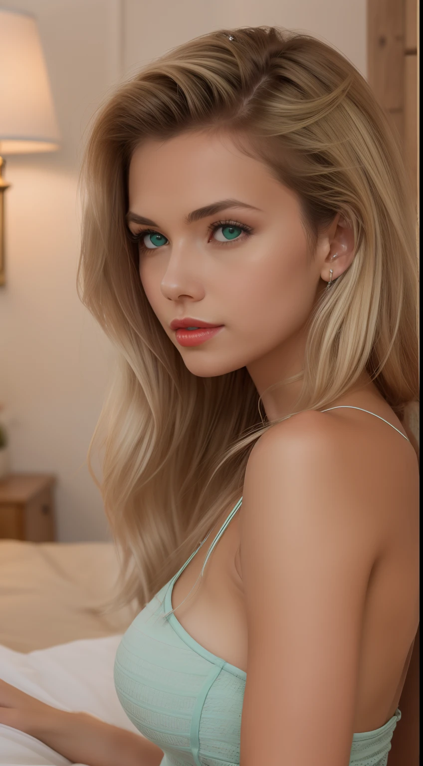 A young and beautiful woman, coiffed blonde hair,Gently drop to your shoulders in waves, Medium Tall, Big green eyes, with fair skin, She was in her pajamas, She was in bed, Do hair care before bedtime, The environment is illuminated by warm and pleasant lights,Make your hair sparkle, His face was naturally serene, Lips with red lipstick, 8K texture, highly detailed, realisticlying, Soft cinematic light, hdr, sharp fokus, tmasterpiece, Fotor is realistic, Award-winning photography, a Canon EOS R5, 35 mm