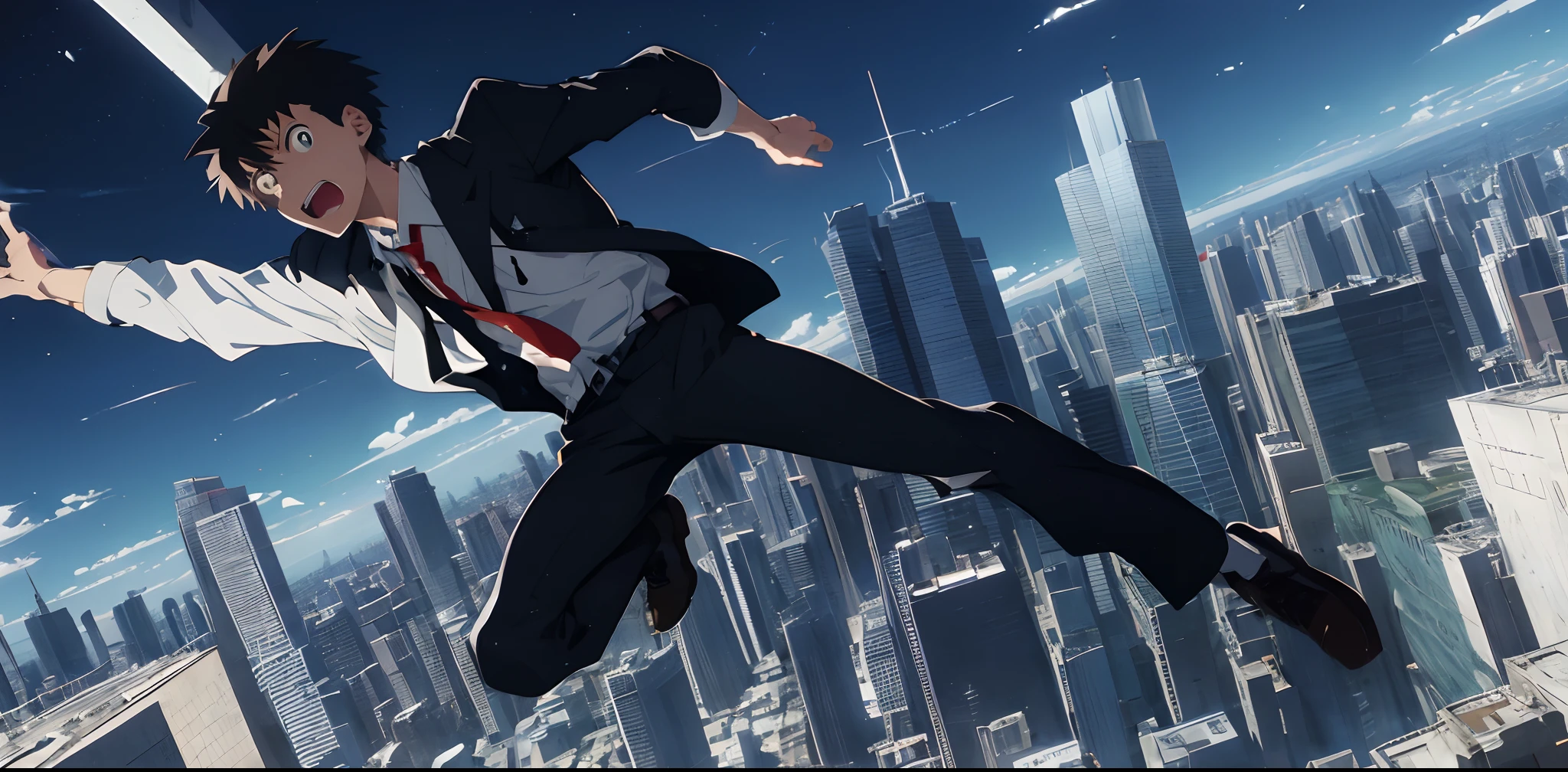 Cartoon picture of a man in a suit, jumping over a building, Shot from the movie "Robot Evangelion", absurdres, high res, ultrasharp, 8K, masterpiece