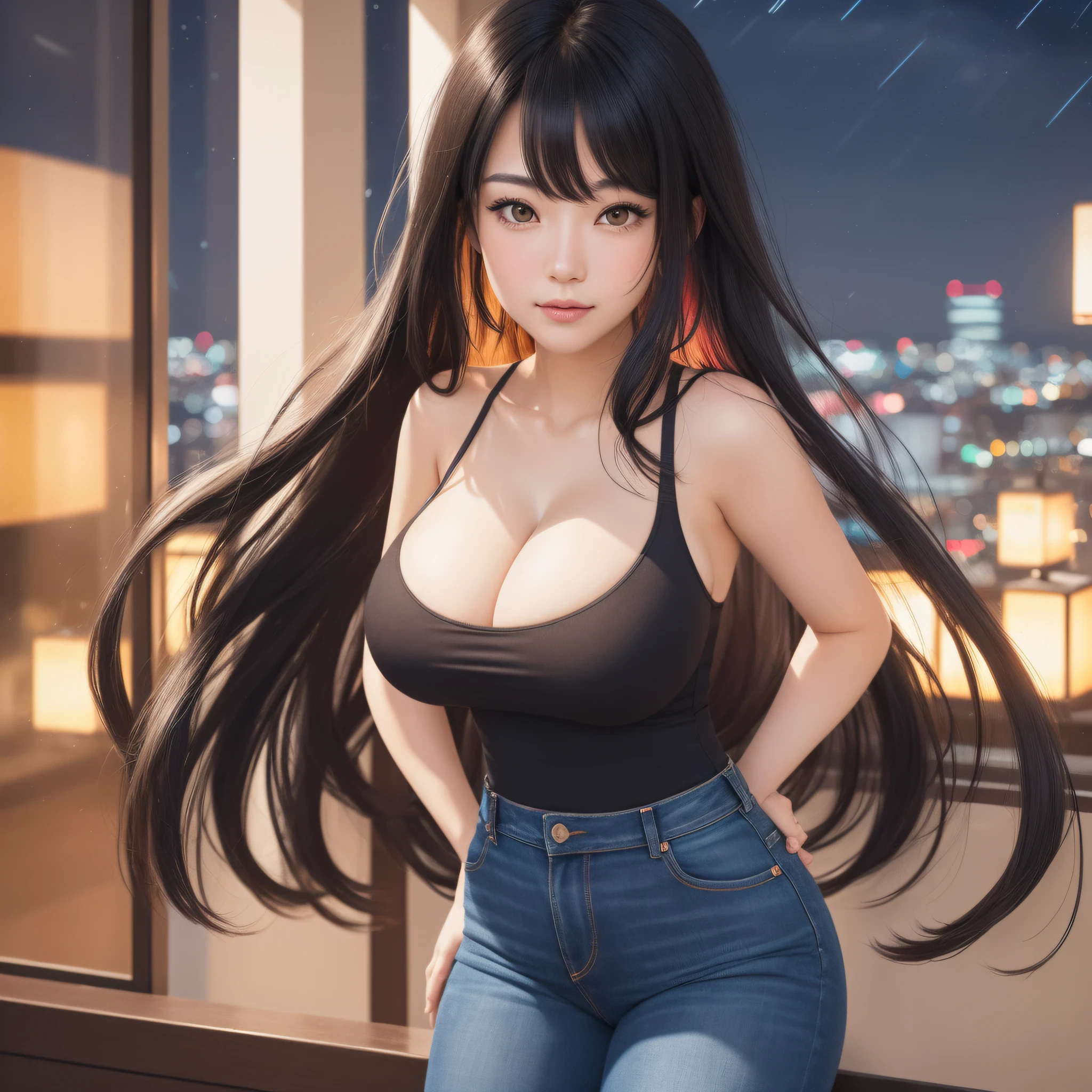 (Night:1.7), Japan, Tokyo, CityView, Before Window,
Standing at attention,crossed arms,
Black_shirt, cleavage, Jeans,
Black_hair,Long_hair,Brown_eyes,Bangs,
1 girl, 24yo,mature female,Beautiful Finger,Beautiful long legs,Beautiful body,Beautiful Nose,Beautiful character design, perfect eyes, perfect face,
looking at viewer, in the center of the image,
NSFW,official art,extremely detailed CG unity 8k wallpaper, perfect lighting,Colorful, Bright_Front_face_Lighting,
(masterpiece:1.0),(best_quality:1.0), ultra high res,4K,ultra-detailed,
photography, 8K, HDR, highres, absurdres:1.2, Kodak portra 400, film grain, blurry background, bokeh:1.2, lens flare, (vibrant_color:1.2)
(Beautiful,Large_Breasts:1.6), (beautiful_face:1.5),(narrow_waist),