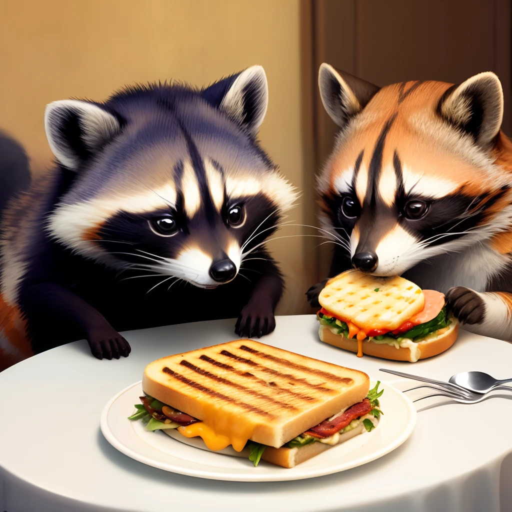 Raccoon and orange cat eating grilled cheeses
