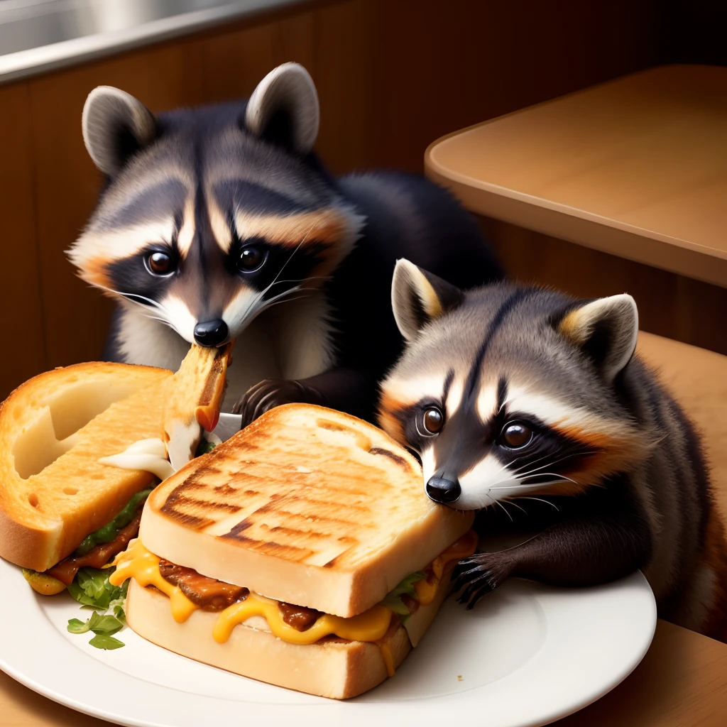 Raccoon and orange cat eating grilled cheeses