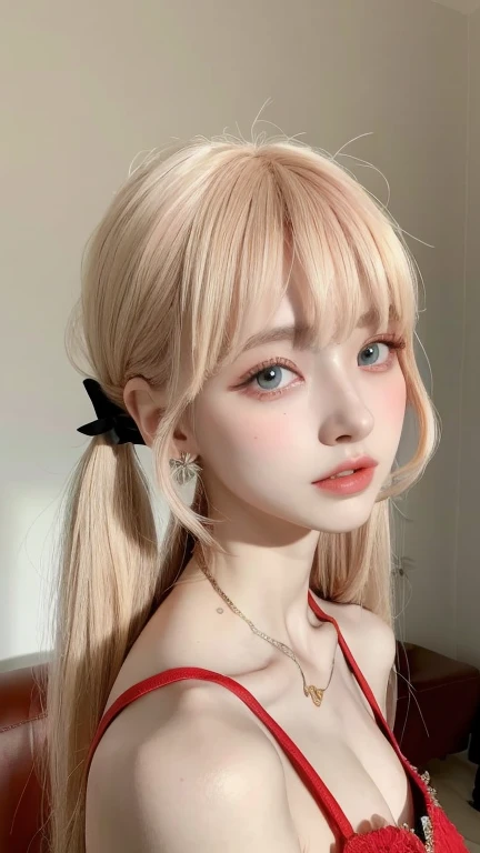 1 jeune fille de 16 ans , Twintails, ornement de cheveux, hair over one eye, yeux bleus clair, super mignonne , cheveux verts clair, cheveux blonds , cheveux multicolores , clair, sourire, arc, seulement, dedans, Makeup, Jupe courte, cheveux longs, frange , rigole ,La plus belle forme de chaos, elegant, a brutalist designed, couleurs vives, romantisme, atmospheric, (Photo brute, Best quality), (Realstic, photo-realistic:1.3), Masterpiece, an extremely delicate and beautiful, Extremely detailed, assis. cheveux rouges clair, Yeux bleu clair cristal intense, No earrings, belle knox face, sexy, natural light, sueur:0.8, Low light photography, in a school, Bikini rouges clair , sein moyen, petite girl.