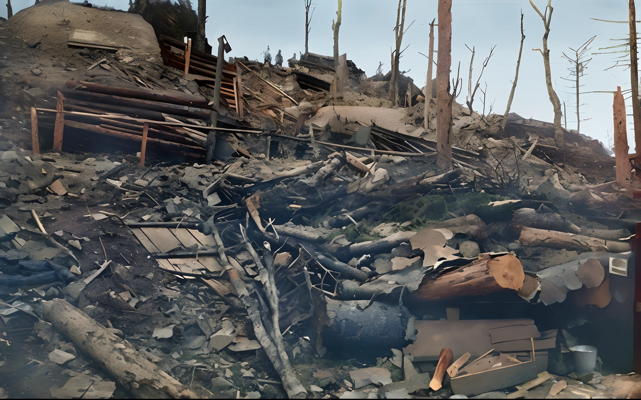 there is a pile of rubble and debris in the woods, destroyed forest, fallout environment, destroyed mountains, wrecked buildings, devastation, destroyed nature, apocalyptic fallout 7 6, destroyed buildings, destroyed human structures, post - apocalyptic wasteland, a hyper realistic, burned forest, front facing shot, burned, burned city, highly detailed fallout 3, disaster photography, building destroyed