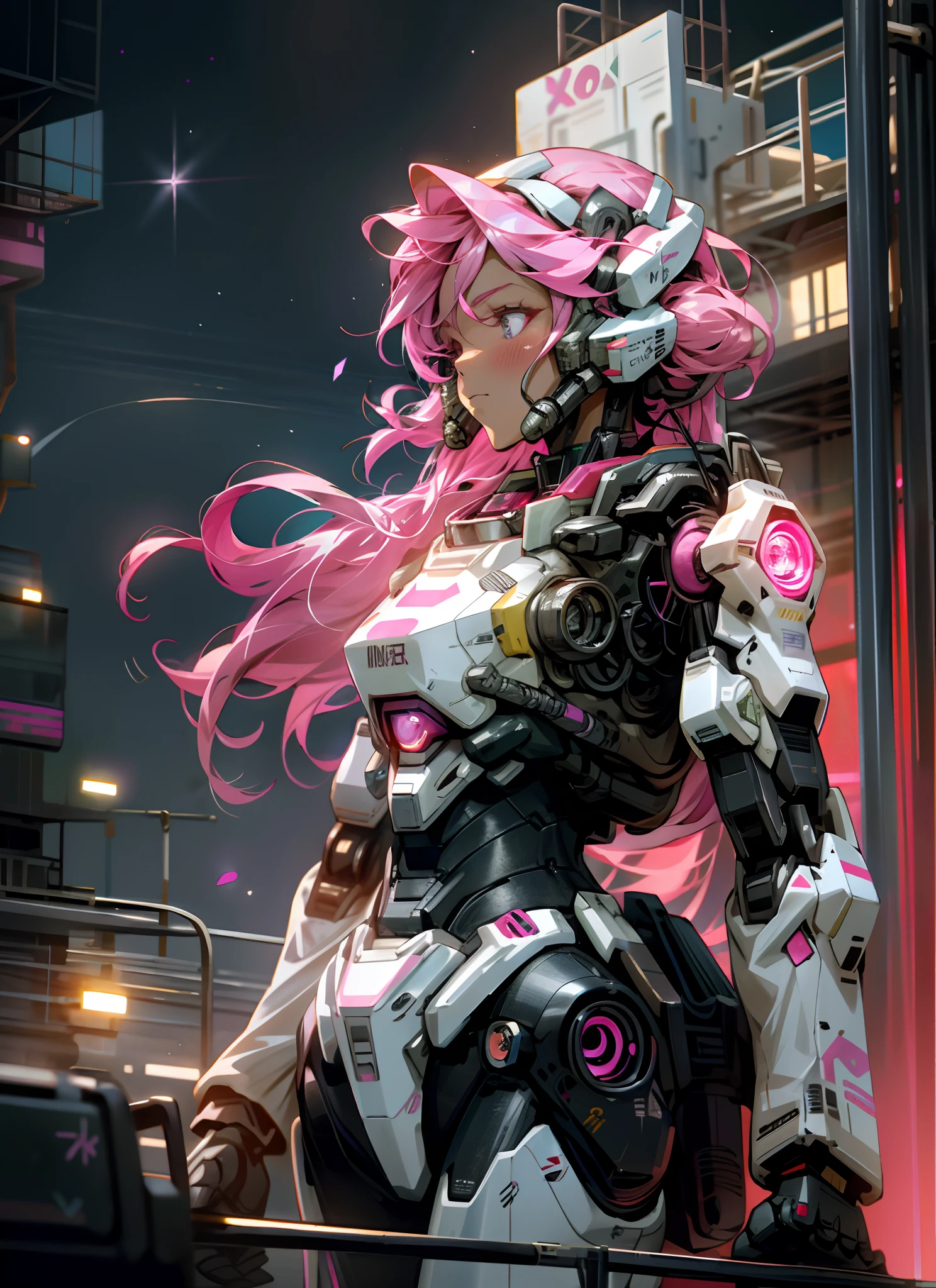 (masterpiece, best quality, super detail, illustration, 1girl, cyberpunk) Futuristic buildings in the background forming a futuristic and cyberpunk landscape. In the center of the image, a girl with magenta hair and gray eyes wears a MECH outfit, staring toward you. The metal shell was shiny. The bark of the MECH was bright pink and delicate with soft, high-tech textures, there were lights embedded in her shoulders that flashed in several different colors and her hair flew with the wind. She has medium breasts, showing her navel and thick thighs and a smooth, slightly pink face