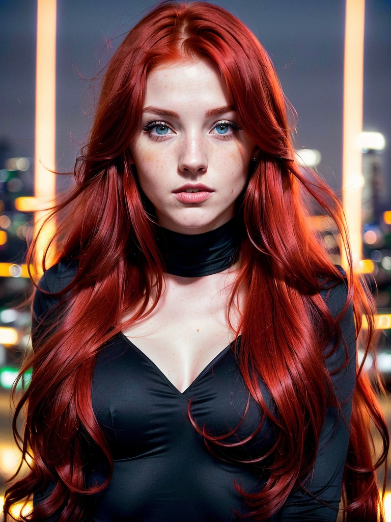 Masterpiece, (((24-year-old red-hair Ireland girl with charm face)))  (((focus on eyes))) (((night city, dark in Los Angeles))) entire body in frame (((detailed and realistic image, full-frame))) eyes are in sharp focus (((long hair))) (((accurate hands, accurate eyes))) very detailed 8k HD high definition detailed realistic, skin detailed texture (((accurate female anatomy)))