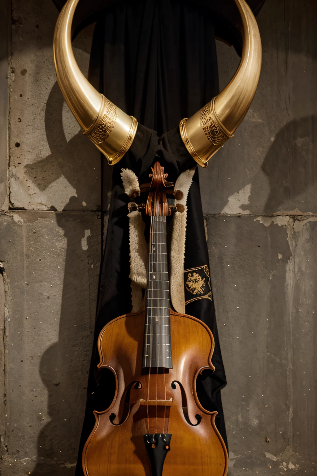 Coat of arms with a horn, gato, espada e violino