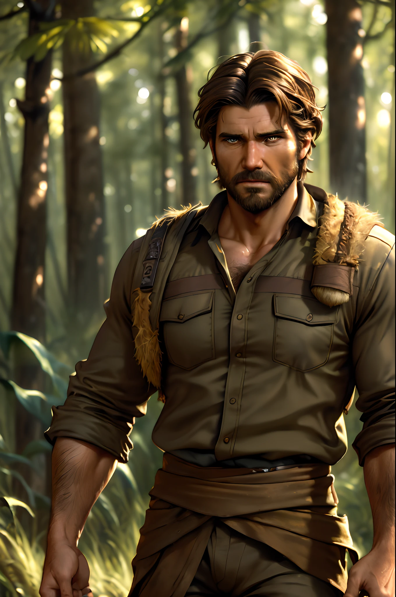 realistic photo scene 8k UHD ((ultra detailed masterpiece)), young handsome man, short dark-brown hair, beard, tall, (wearing outdoor clothes), yellow-iris, intense gaze, tan skin, scared face, fierce, hairy arms, Amazing fantasy art, forest setting