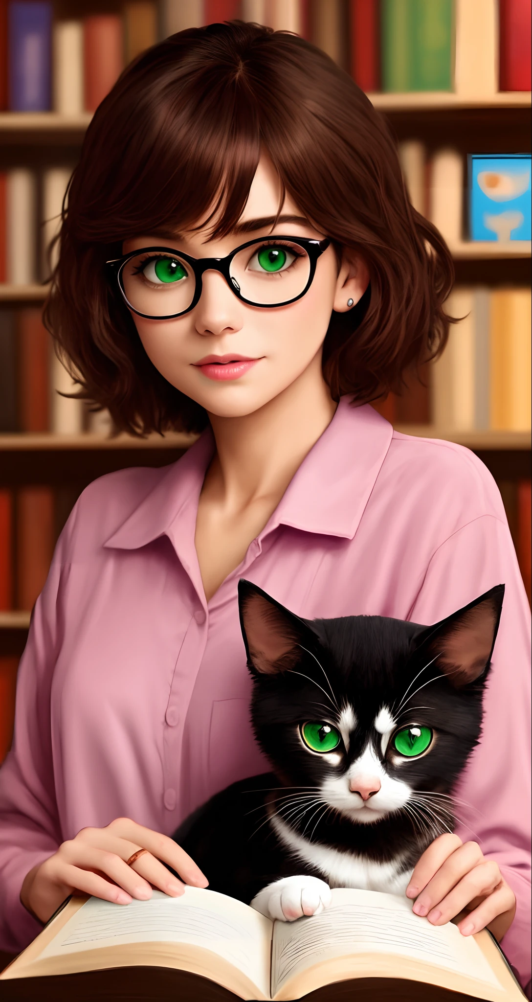 Pixar look, hair is brown with green ends, glasses with hazel eyes, book nerd with her brown calicos cat