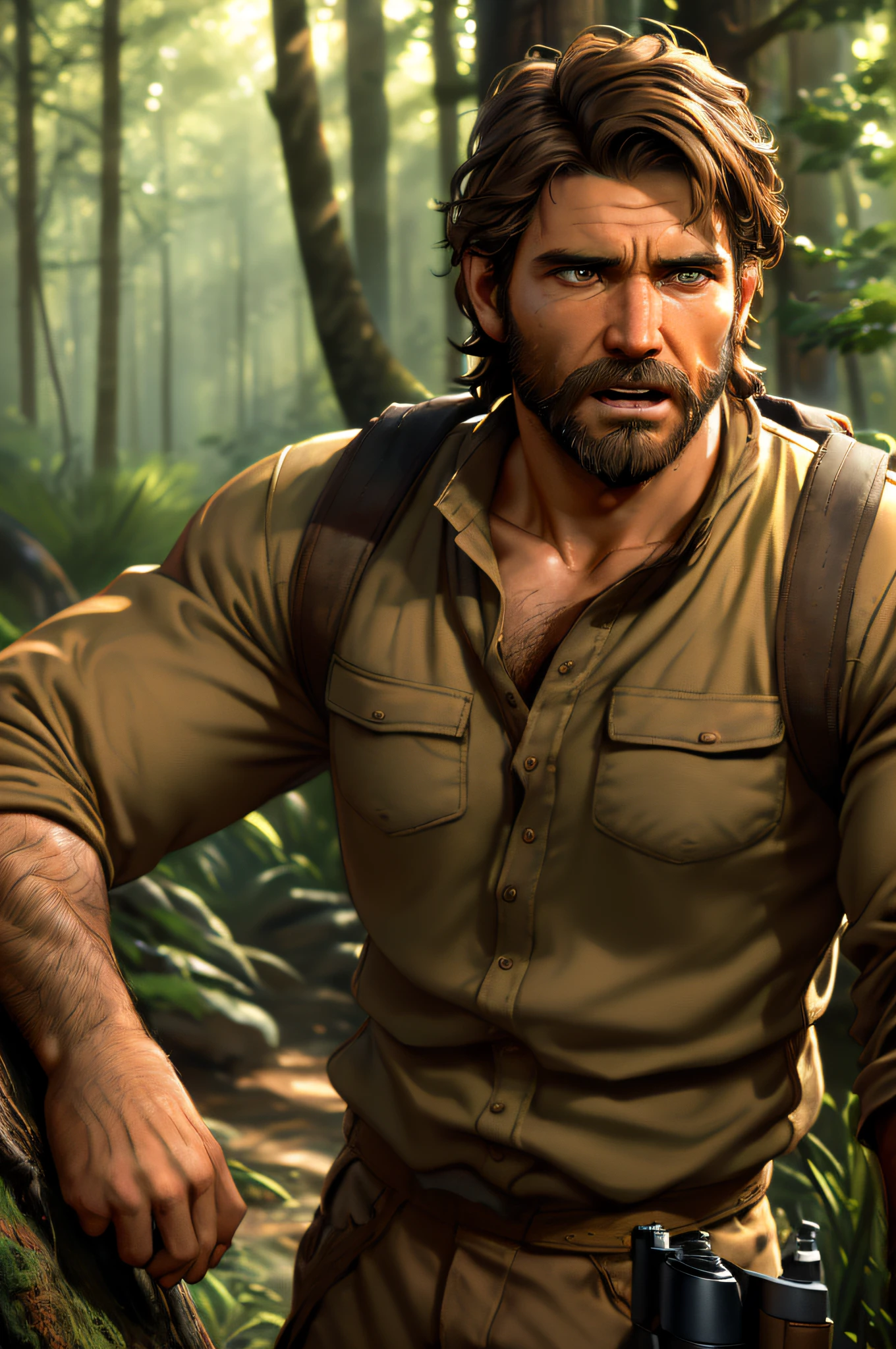 realistic photo scene 8k UHD ((ultra detailed masterpiece)), young handsome man, short dark-brown hair, beard, tall, (wearing outdoor clothes), yellow-iris, intense gaze, tan skin, scared face, fierce, hairy arms, Amazing fantasy art, forest setting