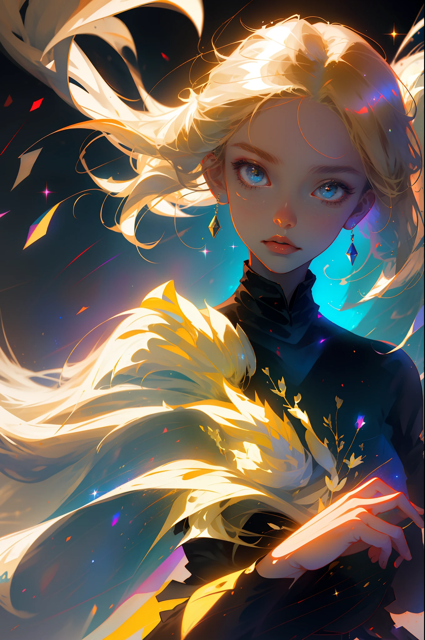(best quality, masterpiece), 1girl, pose, particle, wind, flower, upper body, simple background, looking at viewer, blonde, galaxy,