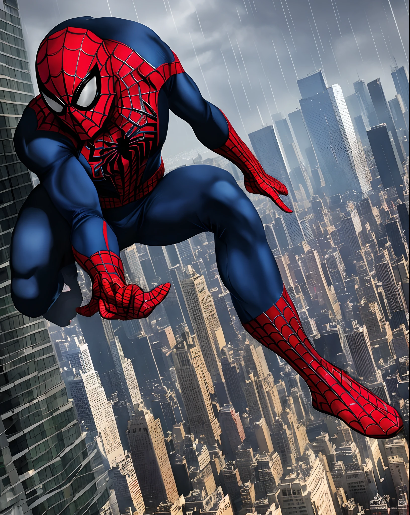 Spider Man Noir climbing up a skyscraper in New York City. Make the ambience around him dark, add rain, and make it look like an expensive t-shirt design