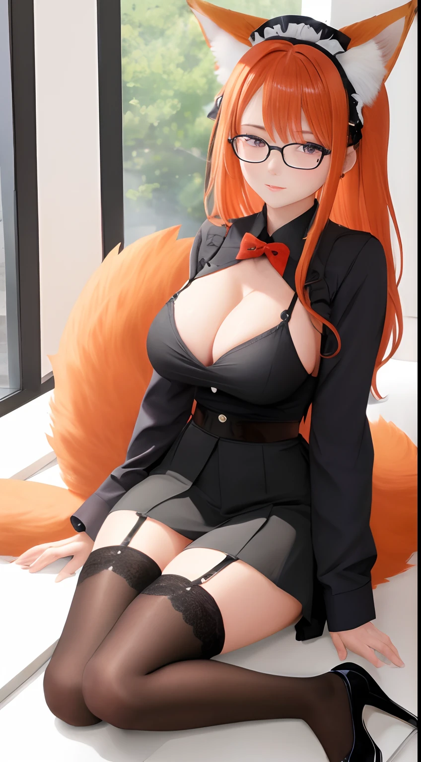 anime girl, 1 person, orange hair, glasses, Crown,maid,fox ear, Fox's tail, front view, big breasts, tights, sitting on desk,exposed chest, underwear, maid suit, shy, blushing, lifting skirt , bright sky, sitting cross-legged, high heels,exposed chest, underwear, middle-aged women, blushing, lifting skirt, showing off underwear, (full HD 4K+ image