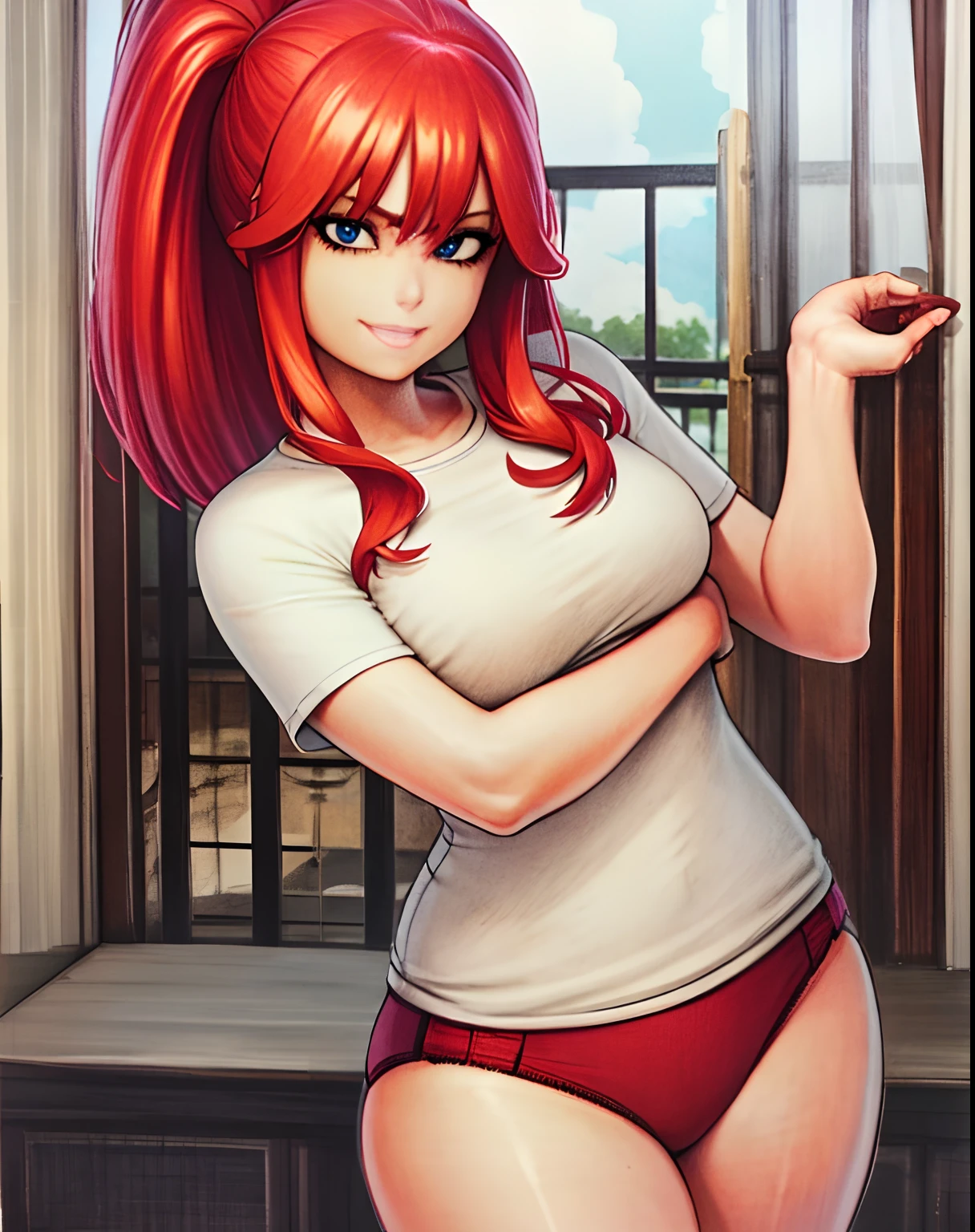masterpiece, best quality,(best shadow),1girl,looking at viewer,expressive eyes, marker \(medium\), traditional media red hair, blue eyes, star ornament, tight tshirt, panties, thick thighs, smile