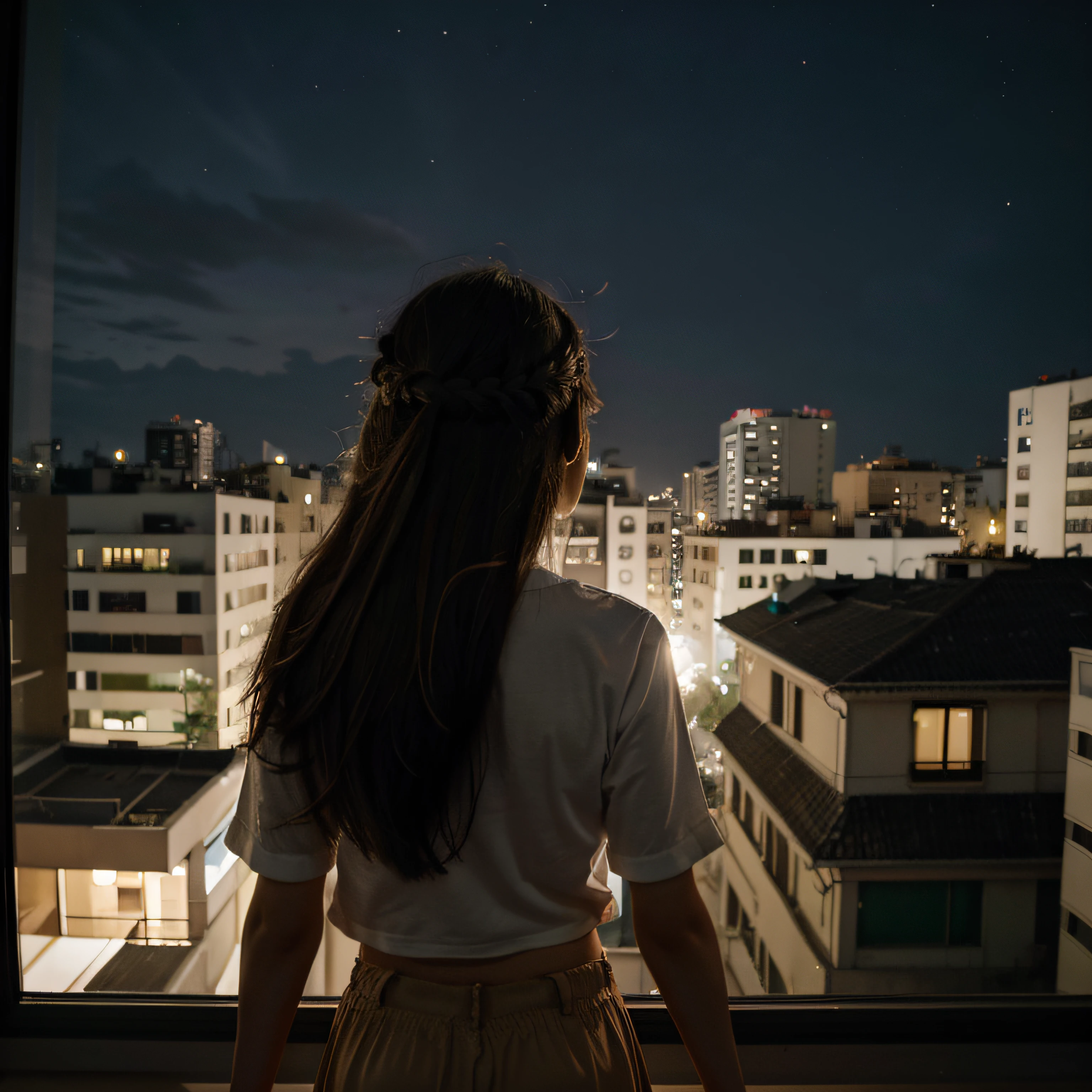 Make a girl with her back looking outside the window and this night outside, a menina tem cabelo ruivo e encaracolado