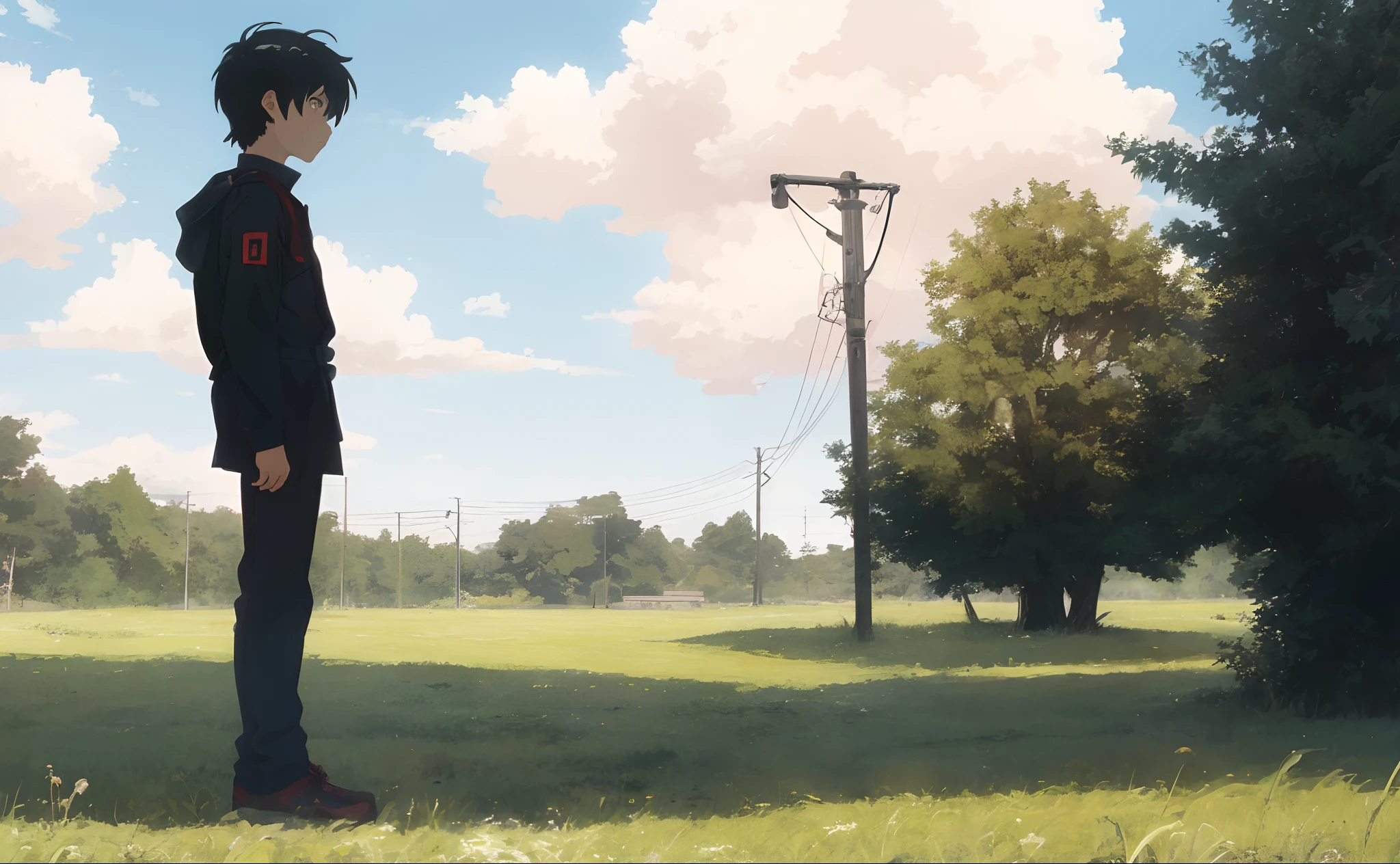 anime scene of man and boy, kneeling in a field, Kastuhiro Otomo, end of evangelion, absurdres, high res, ultrasharp, 8K, masterpiece