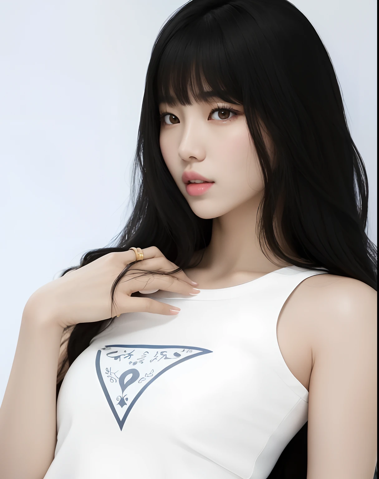 Arafed asian woman with long black hair wearing a white top, Bae Suzy, Portrait of female Korean idol, Parque Ji-min, Retrato de Jossi de Blackpink, linda mulher coreana jovem, Ela tem cabelo preto com franja, Lee Ji-eun, Ji-Min, Lee Ji - Eun, Lalisa Manobal, Mulher sul-coreana bonita, Dom Yunjoo