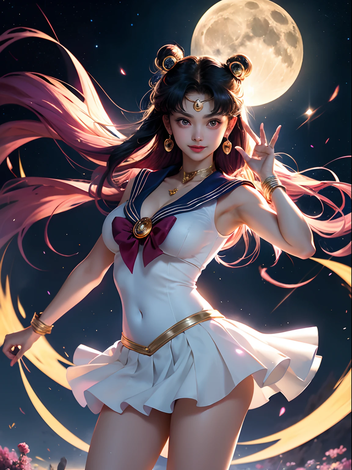 Sailor Moon, sexy short skirt, wind blowing, (no-panties), small tits, cleavage, sexy, open blouse, magical transformation, moonlight glow, starry background, radiant smile, flowing hair, celestial power, elegant pose, graceful movements, mystical aura, cosmic energy, vibrant colors, manga-inspired art style, crescent moon earrings, tiara, sailor collar, sailor suit, iconic brooch, teamwork, friendship, protect the universe, powerful attacks, dynamic action, dynamic poses, magical scepter, sparkling eyes, transformation sequence, moon prism power, justice, love, peace.