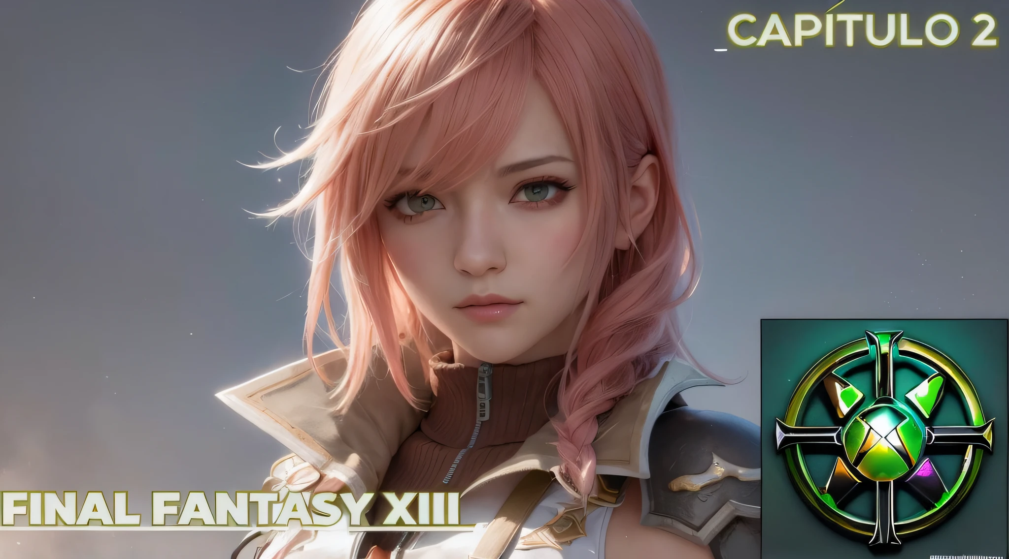 um close up de uma pessoa com cabelo rosa e um emblema verde, Final Fantasy 1 2 estilo, de Final Fantasy XIII, de Final Fantasy, estilo final fantasia 14, estilo de final + fantasia + 1 5, protagonista feminina 👀 :8, personagem de final fantasia, Capa de um novo videogame, Jogo CG, portrait knights of zodiac girl, Trend in CGTacing: 8k