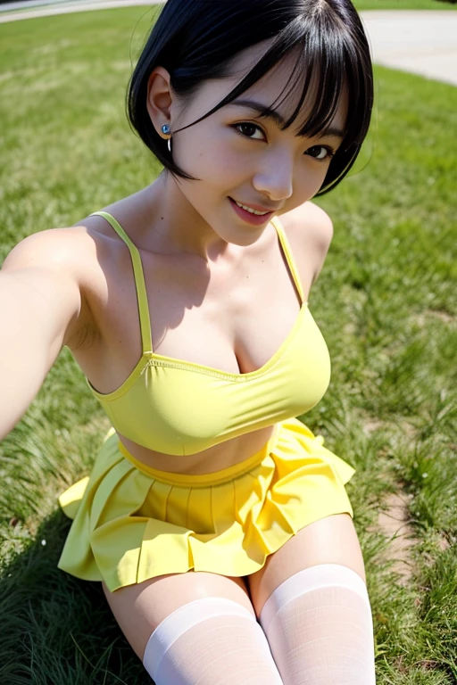 ((8K、32K、Raw photography、top-quality、​masterpiece:1.3))、(foco nítido:1.75)、((realisitic、Photorealsitic:1.38))、ultra-detailliert、profetional lighting、Illuminate the front of the subject、Photo of one person、独奏、one japanese woman、Born in the 2000s、Super Cute、Light makeup、((blue-sky:1.3))、((lawn:1.5))、((sitting on ground:1.5))、((Spread your legs for your audience))、(dark hair on the head)、(short-hair:1.35)、((Floating hair:1.5))、((exposed breast))、((Breast size is B cup:1))、Happy bright smile、(blush of the nose)、((A smile:1.26))、seducting smile、(Eyeing the beautiful details、二重まぶた)、((Maid costumes like ballet uniforms made of highly transparent stocking fabric、White or yellow fabric))、((Short skirt with light stocking fabric、White or yellow fabric))、(I wear sneakers on my left and right legs)、