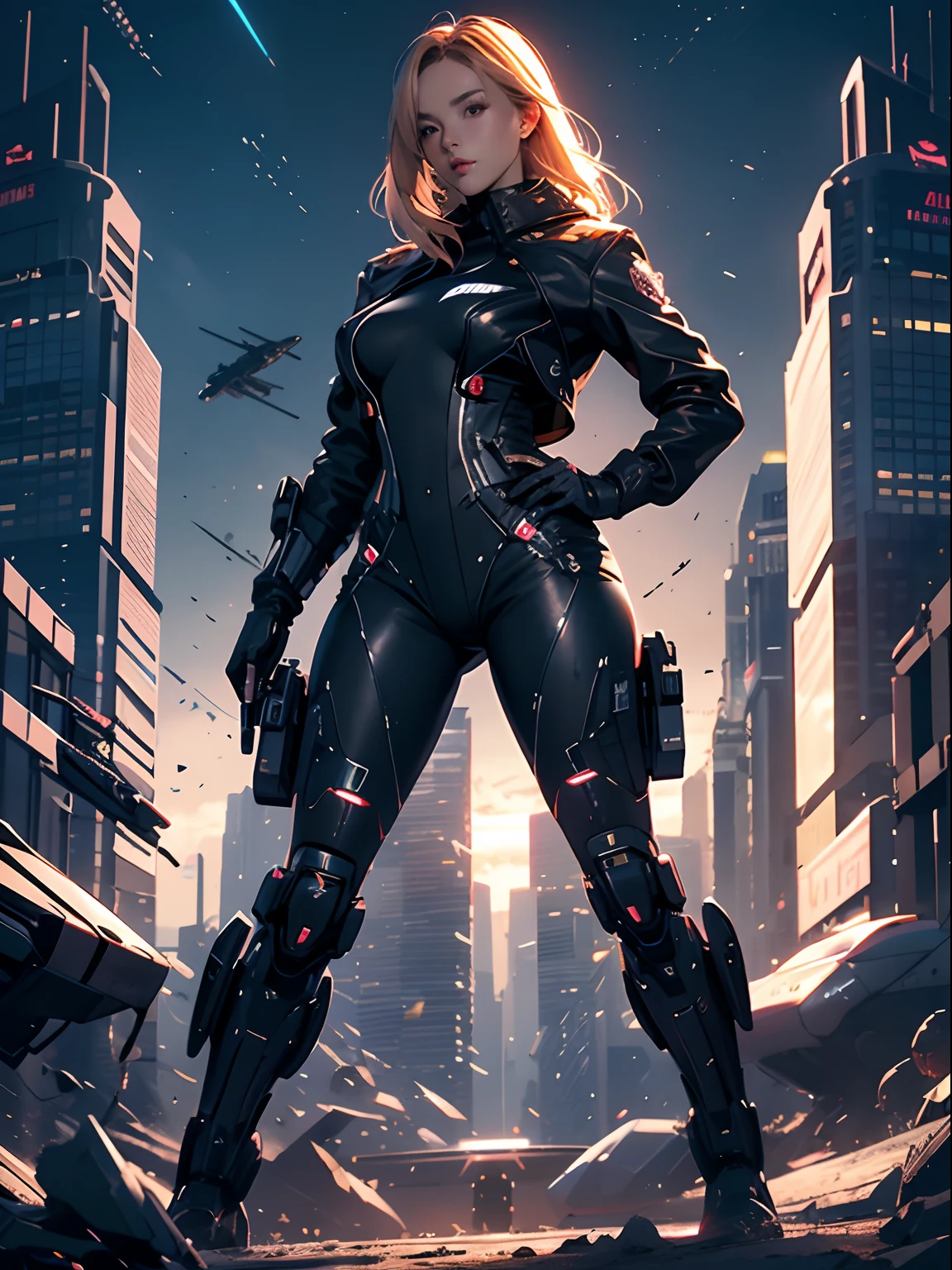 female ,emma frost ,front view,artgerm,full body,cyborg,front pose,heavy mechanical torso,sci fi,full body suit,combat ,gun smith,swat,swat outfit,full tactical ,camo print,sexy,Sultry, , anime-inspired, ample bosom, strikingly detailed,dynamic stance, gradient backdrop, intricate texturing, sensual curves, immaculate detailing, close-up shot, iconic character design, nuanced shading,artgerm,full body,sci-fi suit,futuristic,cyberpunk,red and orange(outstanding, professional, surreal), towering buildings rise from the ground to form a magnificent landscape of the futuristic city. In the center of the picture, a huge and magnificent robot mech stands tall. Its pink metal shell shimmers, and the delicate textures and intricate lines of the robot mech outline its high-tech figure. The robot mech is tall, exuding an unparalleled sense of majesty and power. The robot mech has bright LED lights embedded in its shoulders, flashing in various bright colors, like the bright stars of the future city. Its arms are equipped with powerful energy weapons and are ready to meet the challenges of battle. Standing next to the robot, we see a striking teenage girl. She wears a black leather jacket and close-fitting black stockings, highlighting her perfect figure. The texture of the black leather jacket contrasts with the metallic texture of the robot, showing a unique visual effect. The girl's firm and resolute eyes show that she is fearless, (the girl is in good shape, wearing leather clothes, showing her navel, medium breasts, and clear facial details)