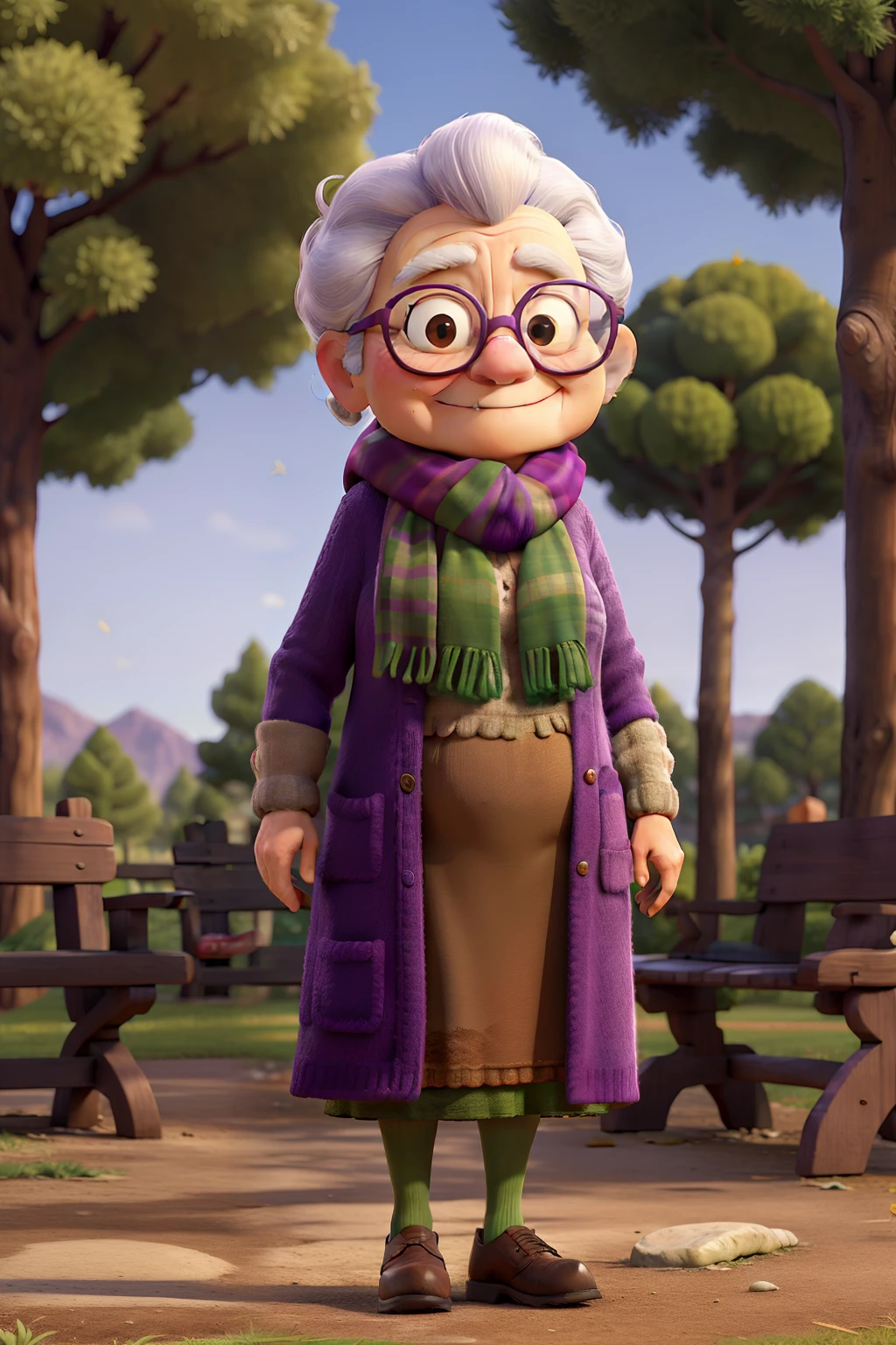 masterpiece, best quality, an old woman with glasses and a scarf on, wearing a purple coat and green scarf, standing at the park