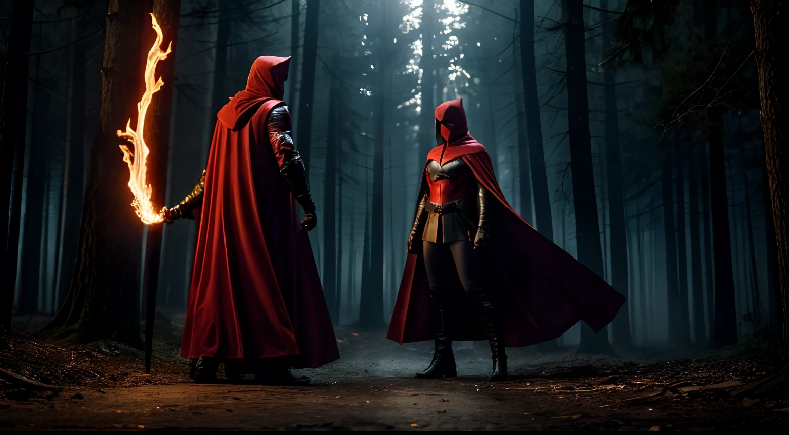 Full body, zoom out, portrait, Emma Stone, young woman, wearing a red hood and cape, in the midst of the final battle, wields a resplendent sword, emanating a light that dispels the darkness around her. Beside her, the Big Bad Wolf shows his dual nature, his eyes glowing with both the intensity of darkness and the flame of redemption. In the sky, magical sparks converge to form a luminous barrier, symbolizing their combined strength against the dark threat., in a pitch-black shadowy forest, evil shadows sound, zoom out, 8k, high quality, cinematic