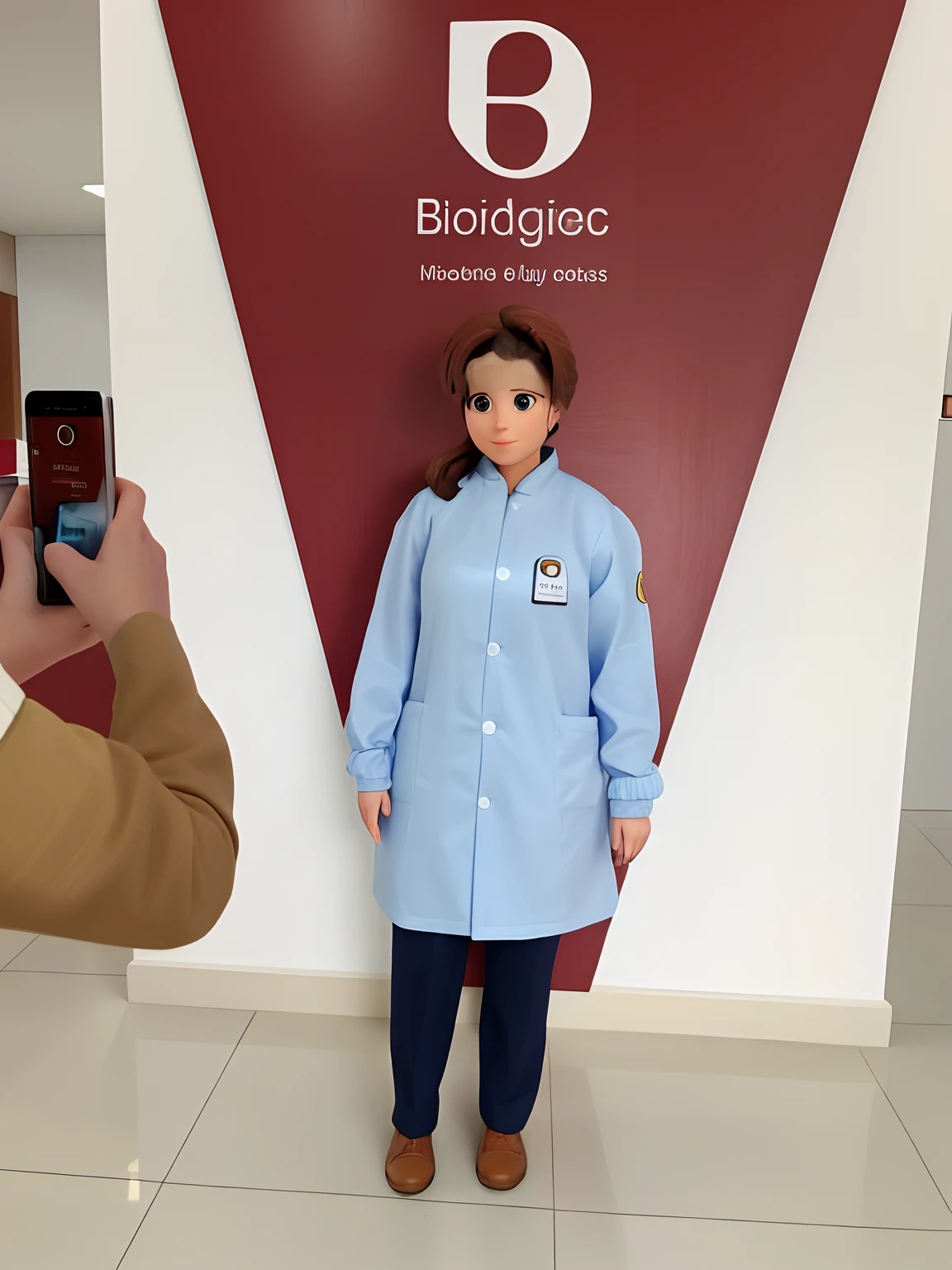 30 year old biomedical woman with shoulder-length brown hair and blue lab coat