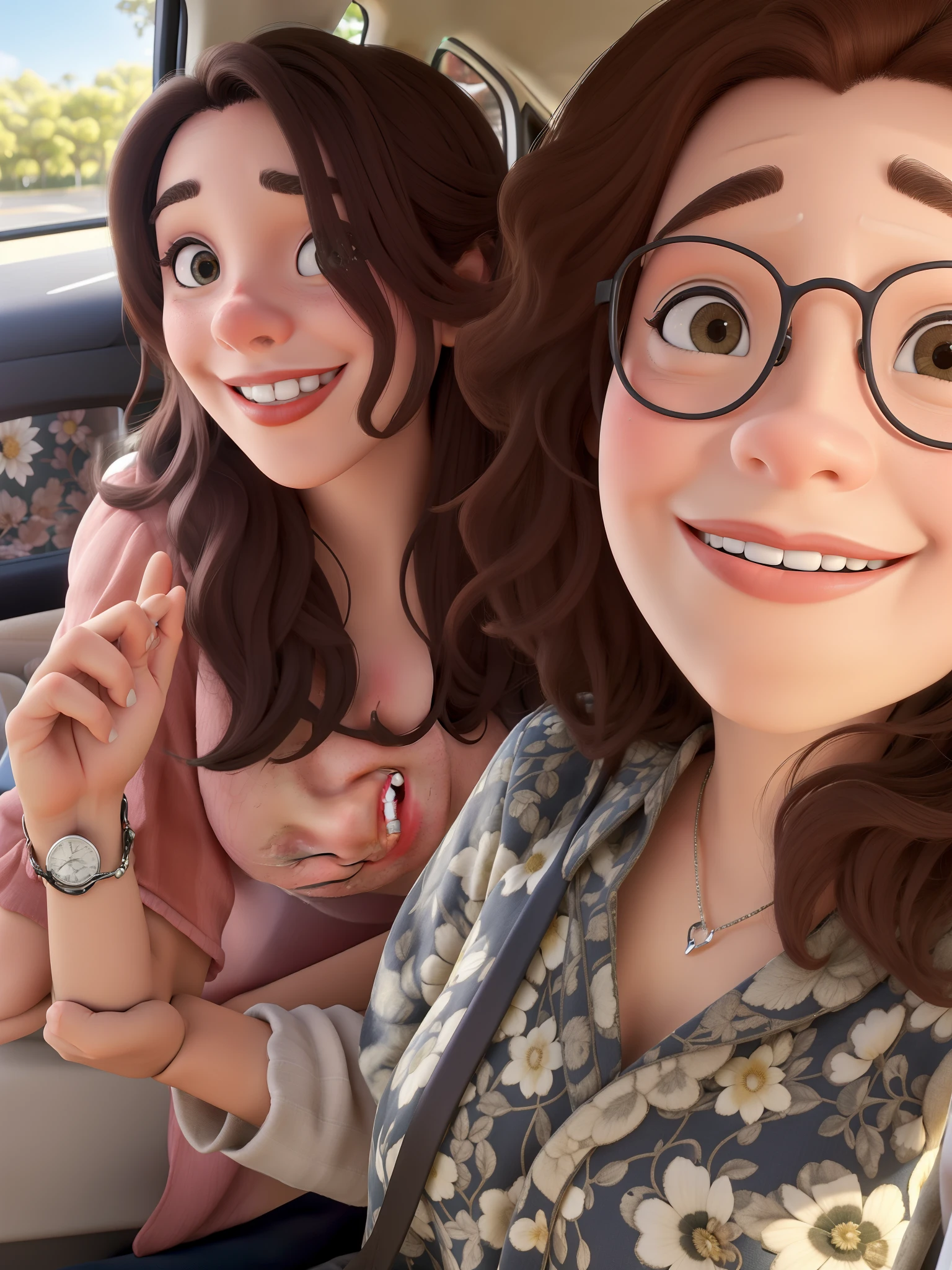 Obra-prima, de melhor qualidade com um casal de duas mulheres tirando foto dentro de um carro